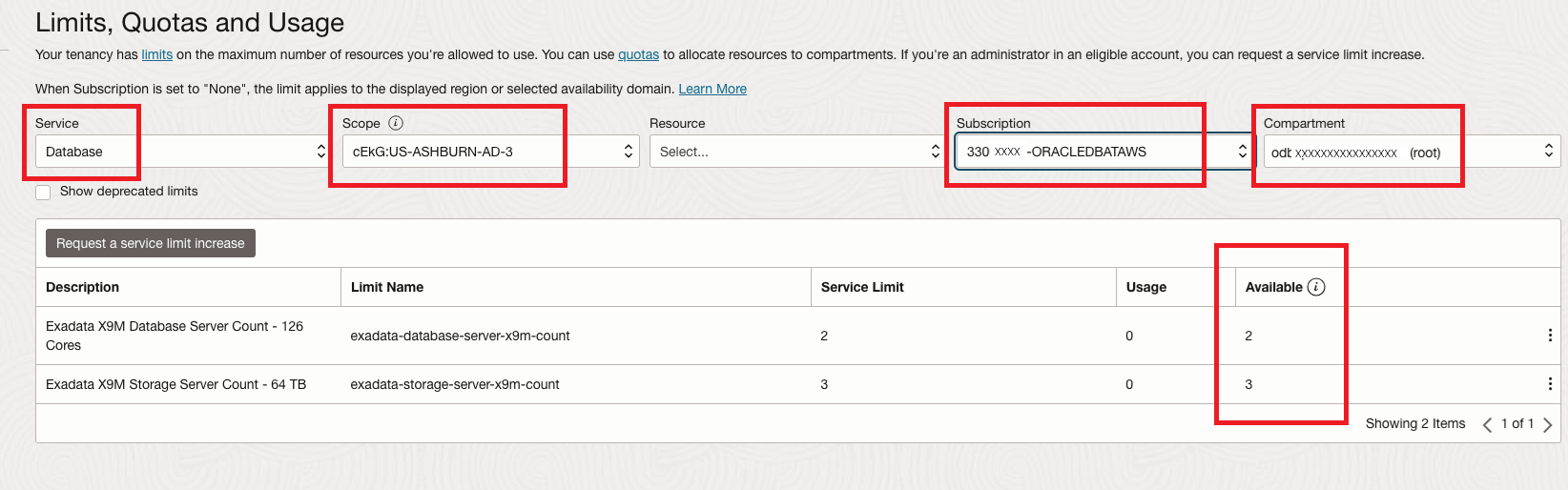 Click to expand An image of the table of resource limits in the OCI Console.