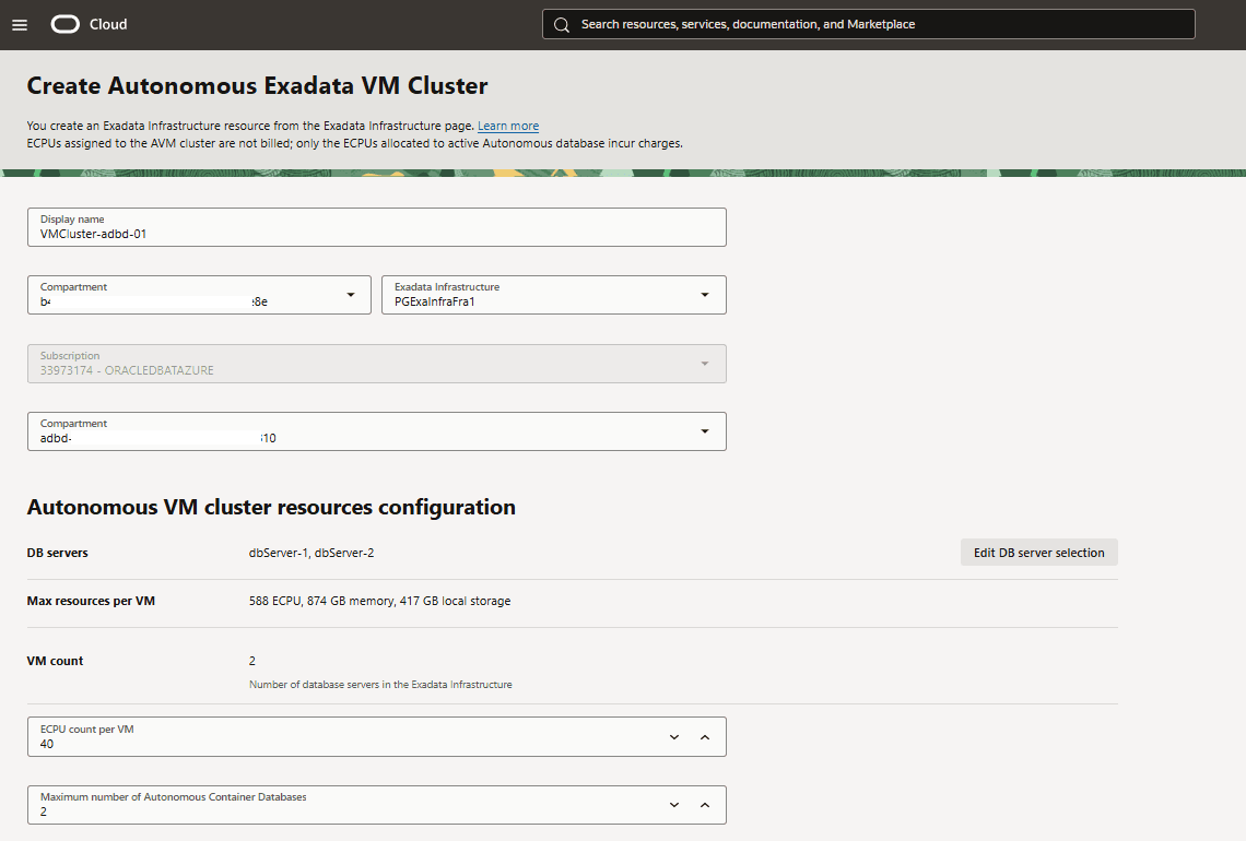 This screenshot shows how to create an Autonomous Exadata VM Cluster.