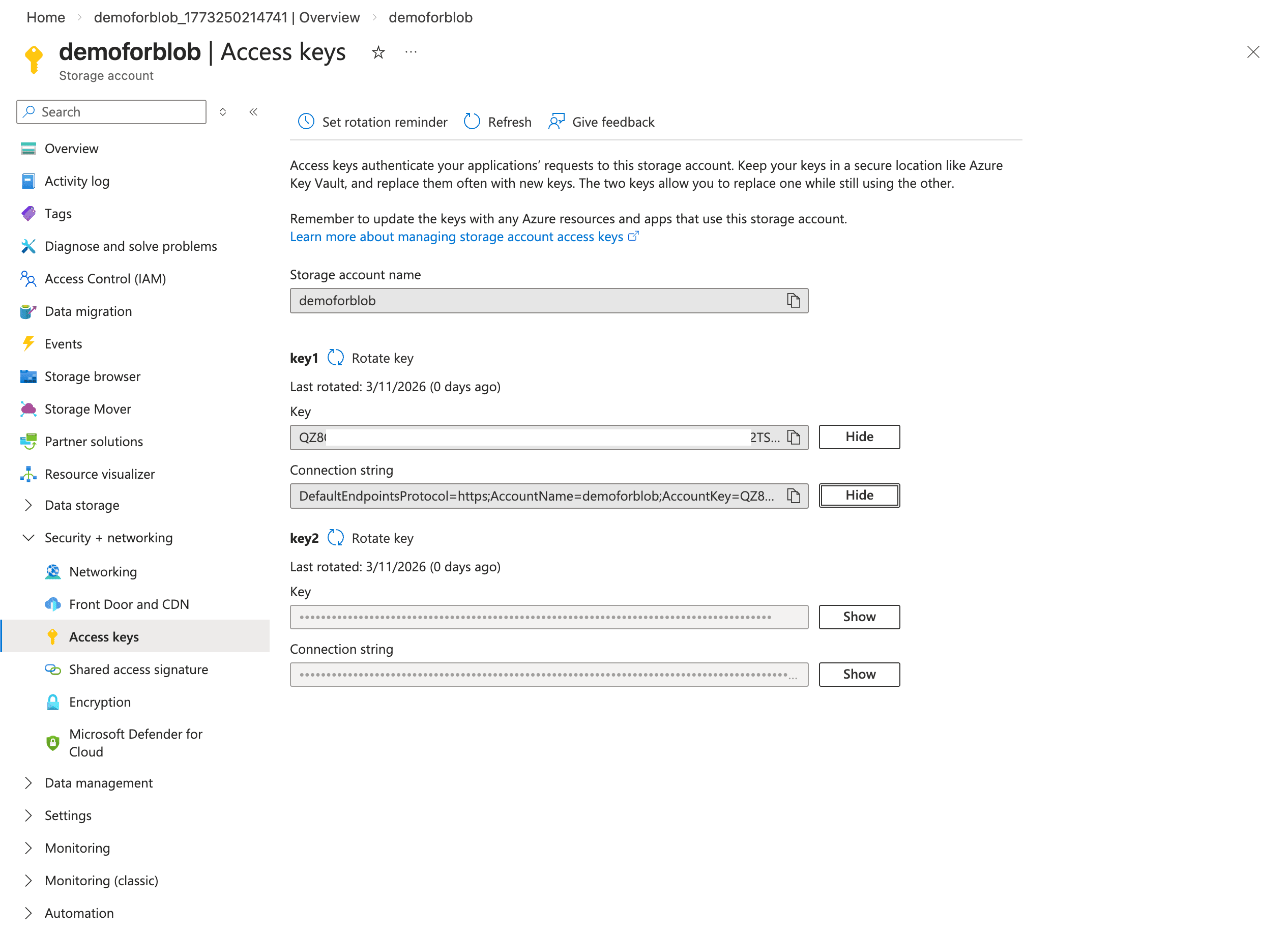 The screenshot shows how to copy the access key of your storage account.