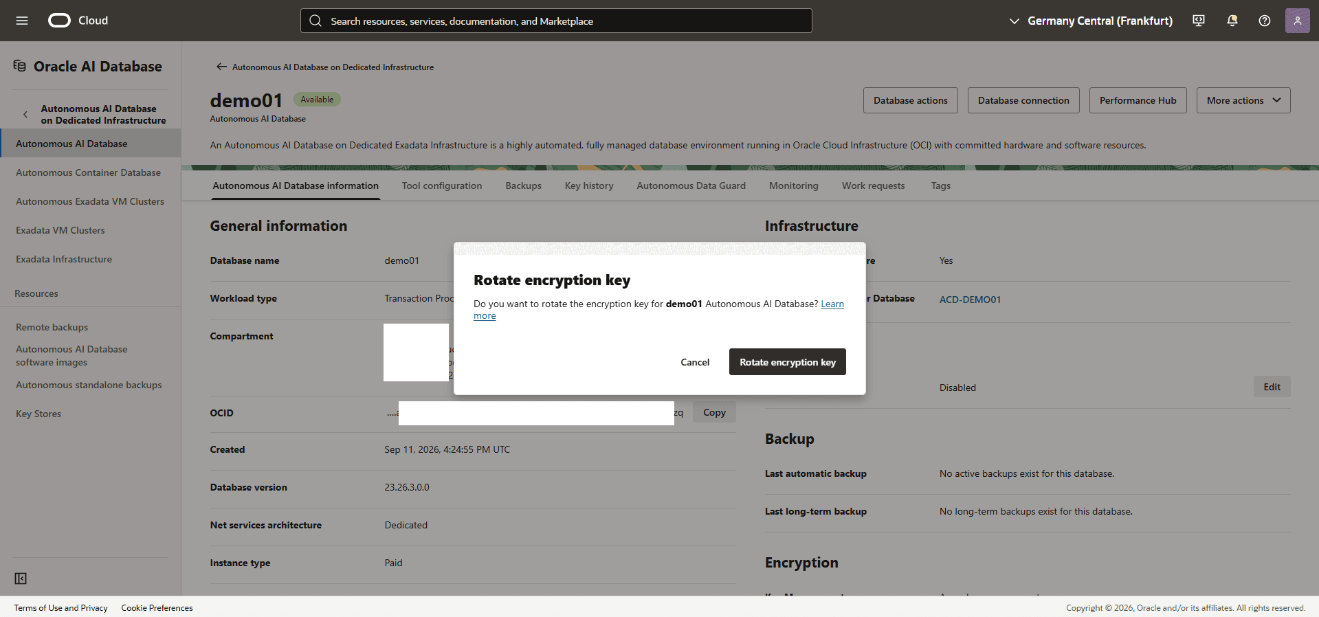 This screenshot shows how to rotate the encryption key.