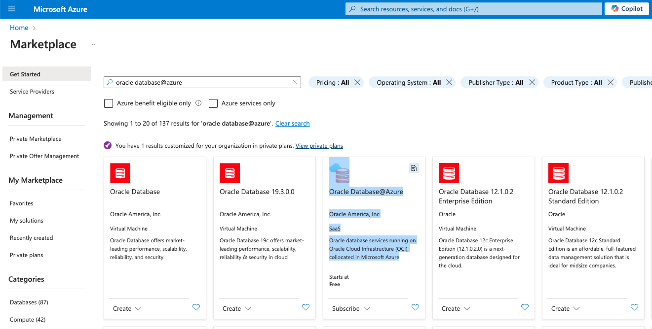 Click to expand An image of the Azure portal showing search results in the Azure Marketplace for "Oracle".