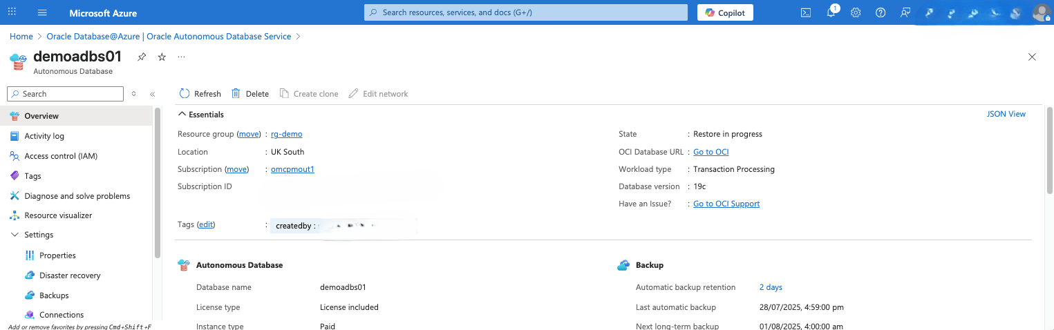 This screenshot shows the automatic restore of an Autonomous Database. This screenshot shows the automatic restore of an Autonomous Database.