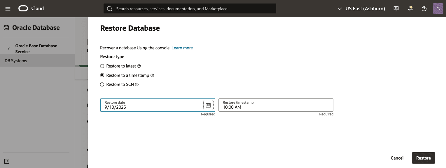 perform point-in-time restore on Container Database in the OCI console perform point-in-time restore on Container Database in the OCI console