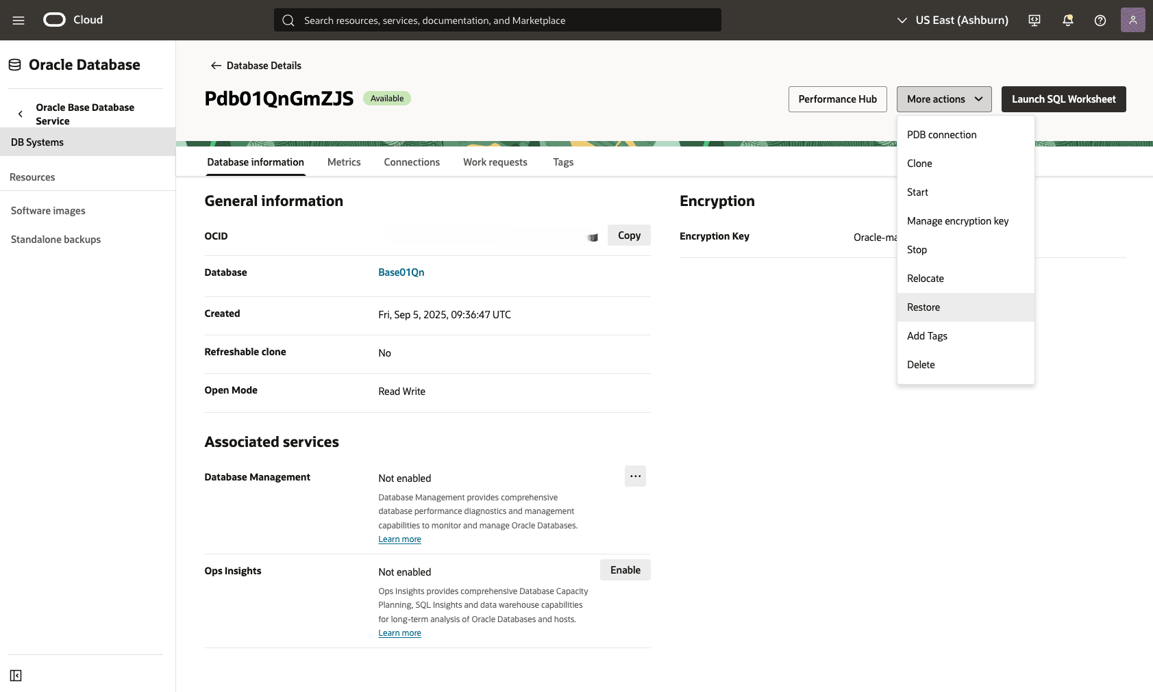 This screenshot shows perform point-in-time restore on Pluggable Database. This screenshot shows perform point-in-time restore on Pluggable Database.