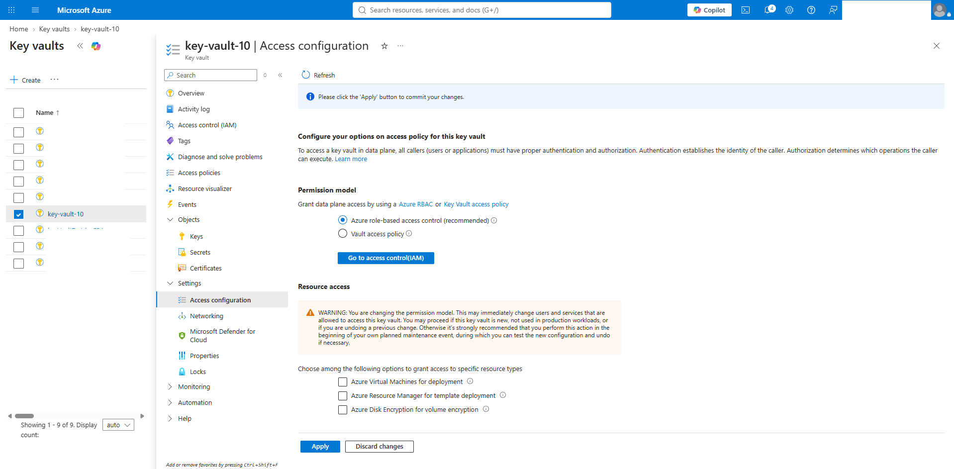 This screenshot shows how to enable Azure role-based access control (RBAC) on the Azure Key Vault. This screenshot shows how to enable Azure role-based access control (RBAC) on the Azure Key Vault.