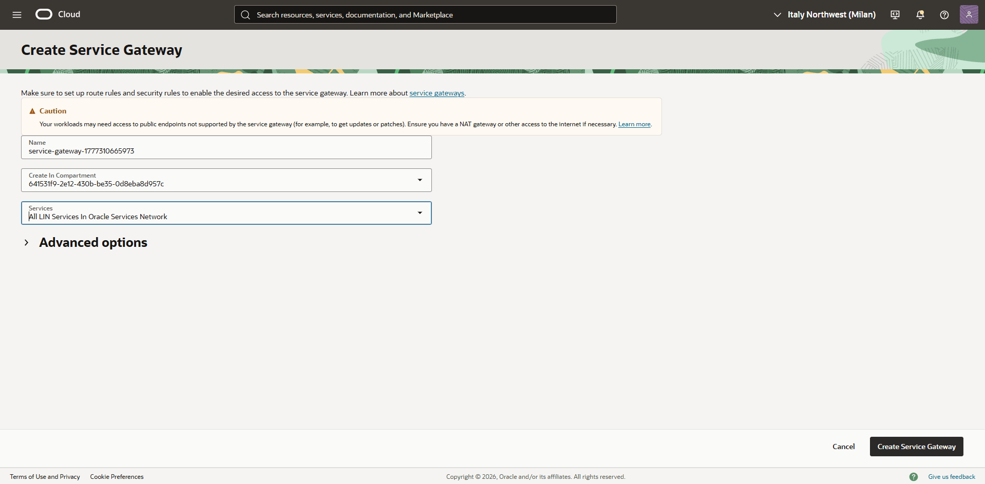 This screenshot shows how to create service gateway. This screenshot shows how to create service gateway.