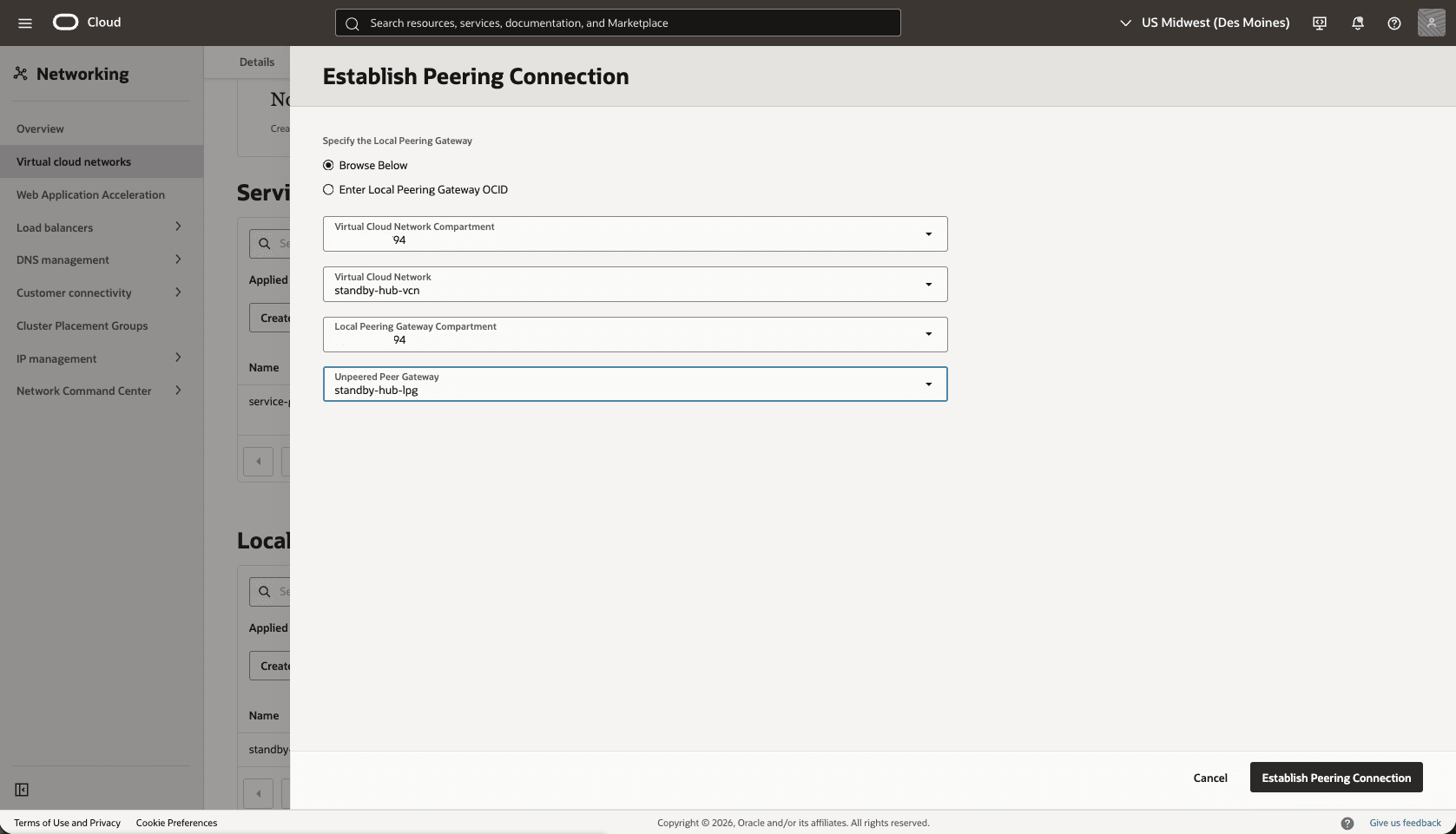 This screenshot shows how to configure the network in the standby region. This screenshot shows how to configure the network in the standby region.