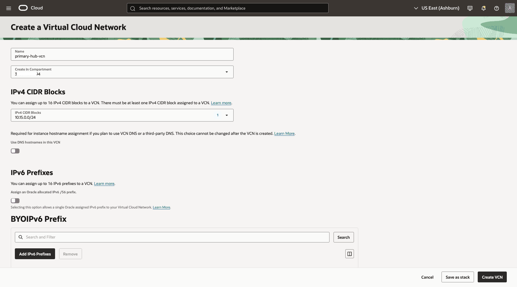 This screenshot shows how to configure the network in the primary region. This screenshot shows how to configure the network in the primary region.