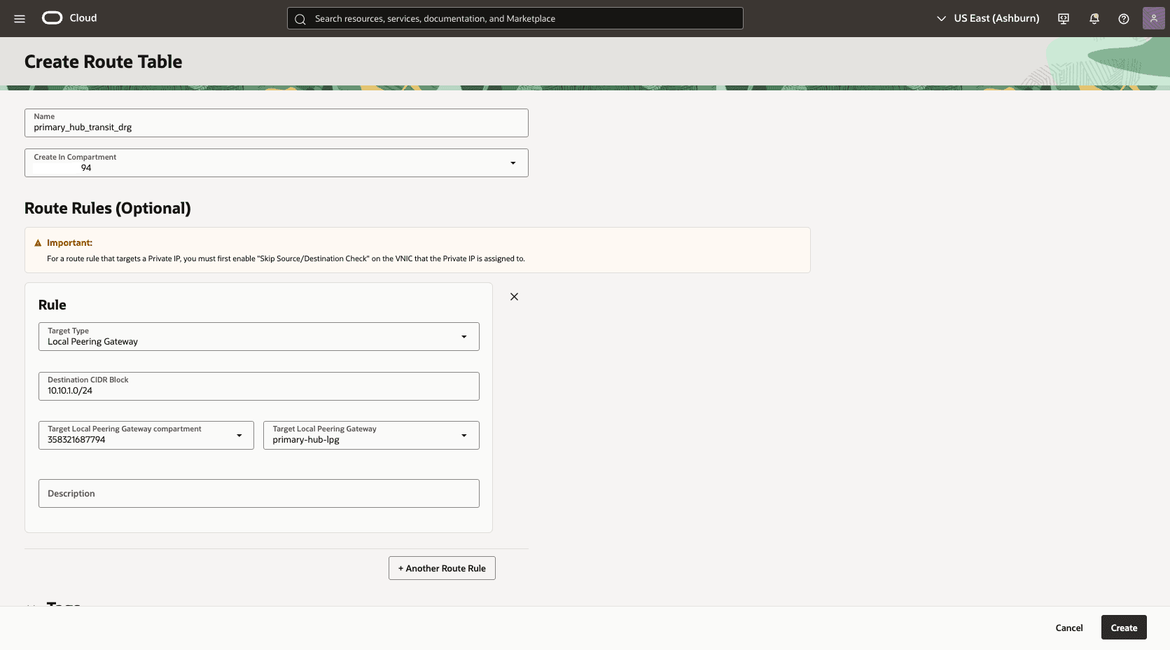 This screenshot shows how to configure the network in the primary region. This screenshot shows how to configure the network in the primary region.