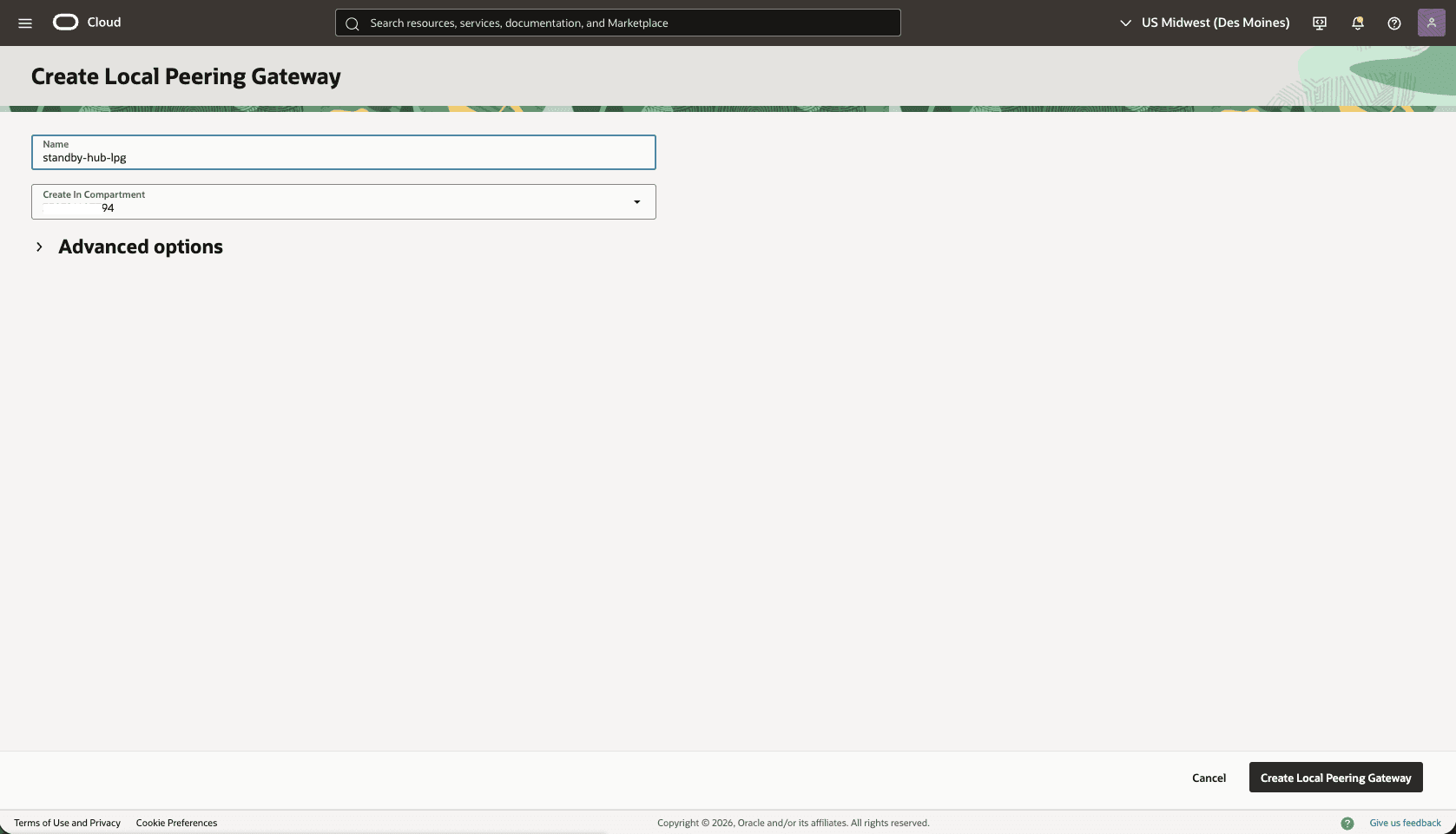 This screenshot shows how to configure the network in the standby region. This screenshot shows how to configure the network in the standby region.