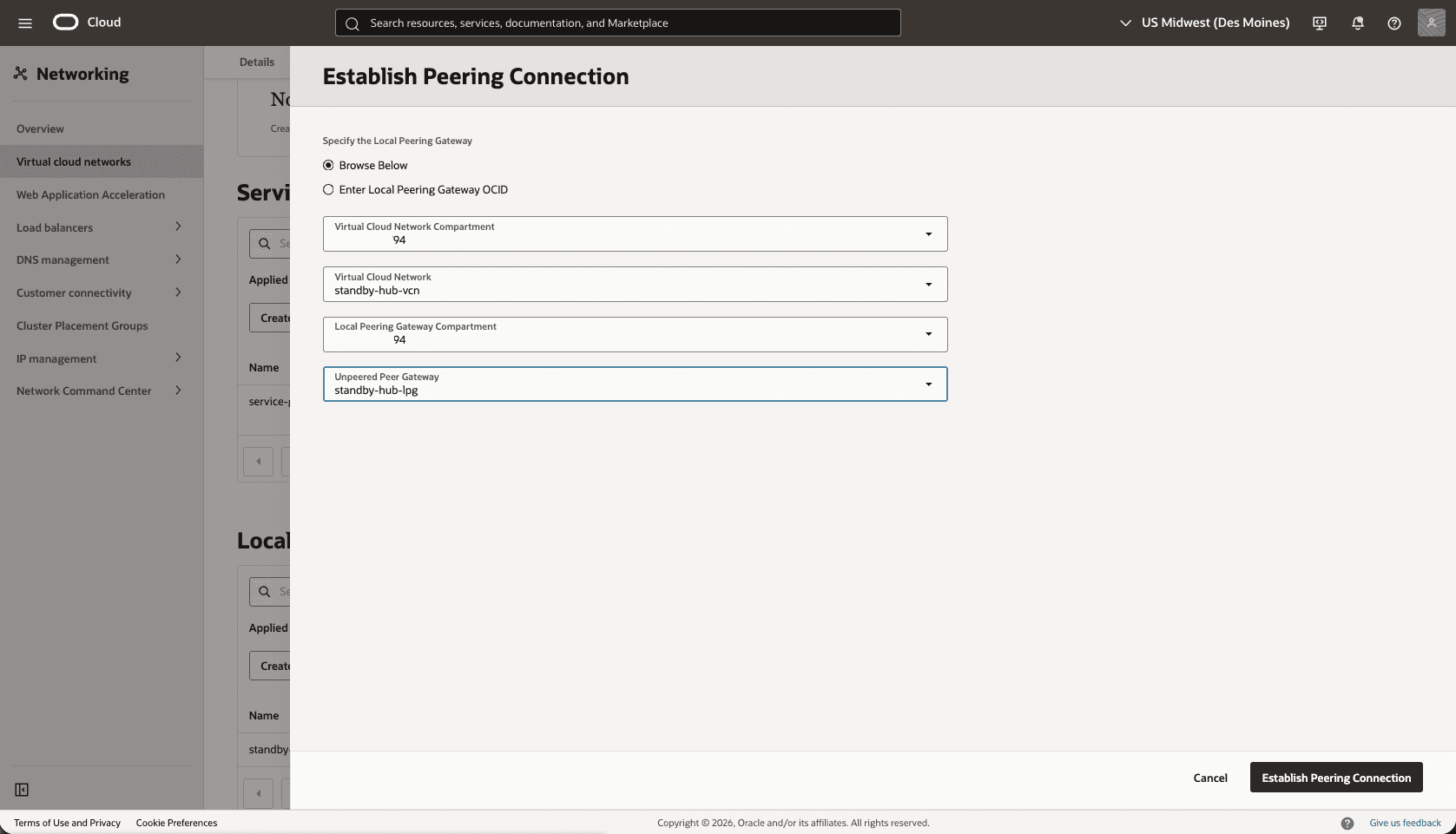 This screenshot shows how to configure the network in the standby region. This screenshot shows how to configure the network in the standby region.