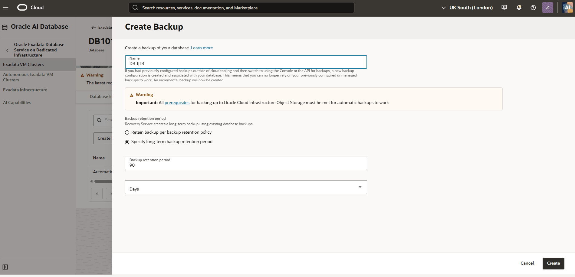 The screenshot shows how to create the long-term backup of Exadata Database backup process.