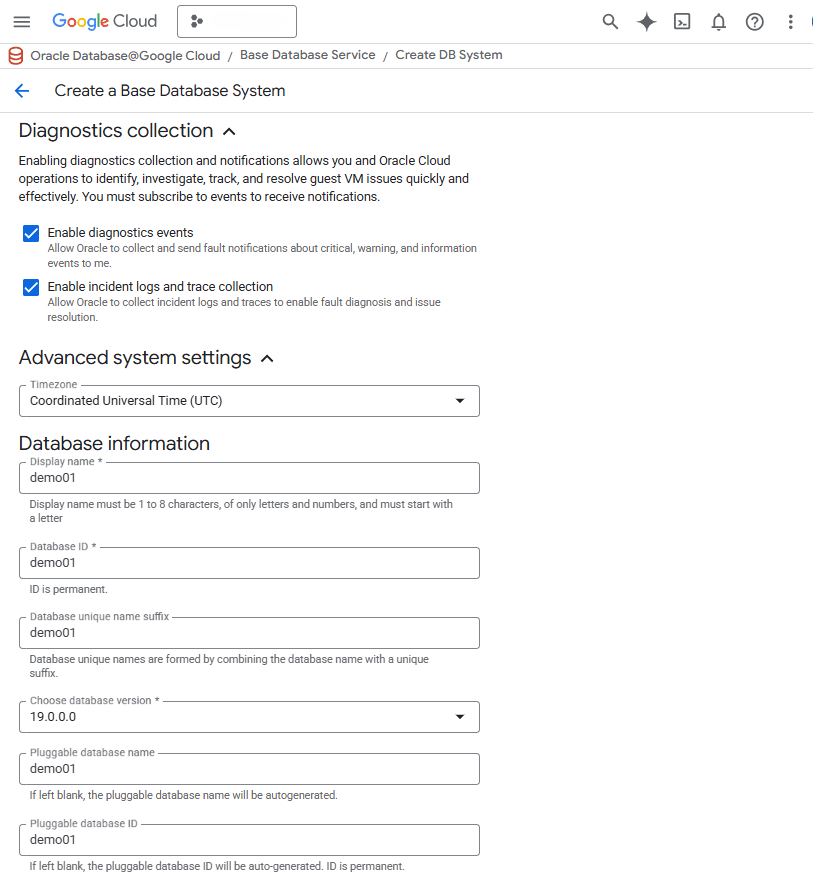 This screenshot shows how to create a Base Database System.