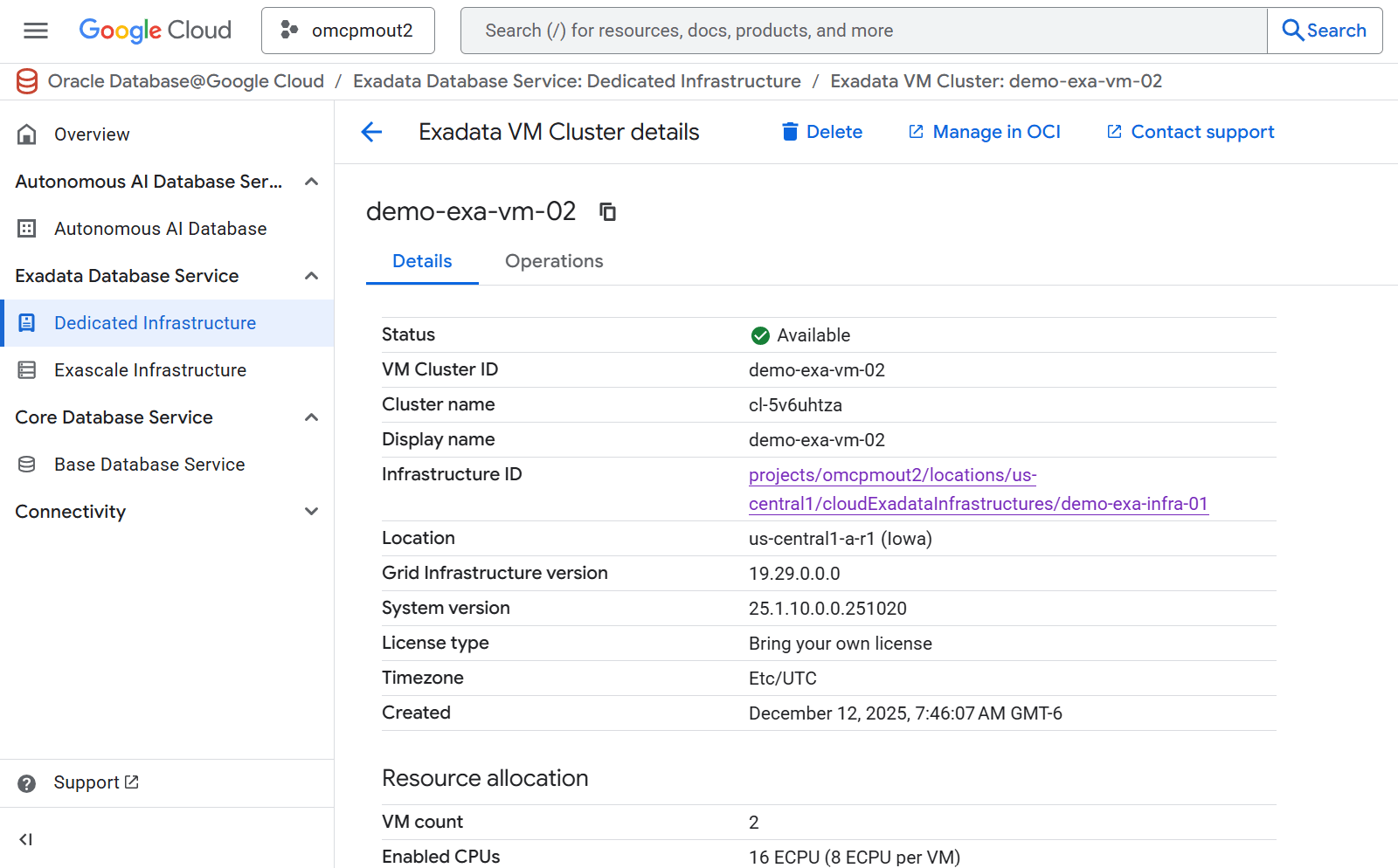 This screenshot shows the selected Exadata VM Cluster details.