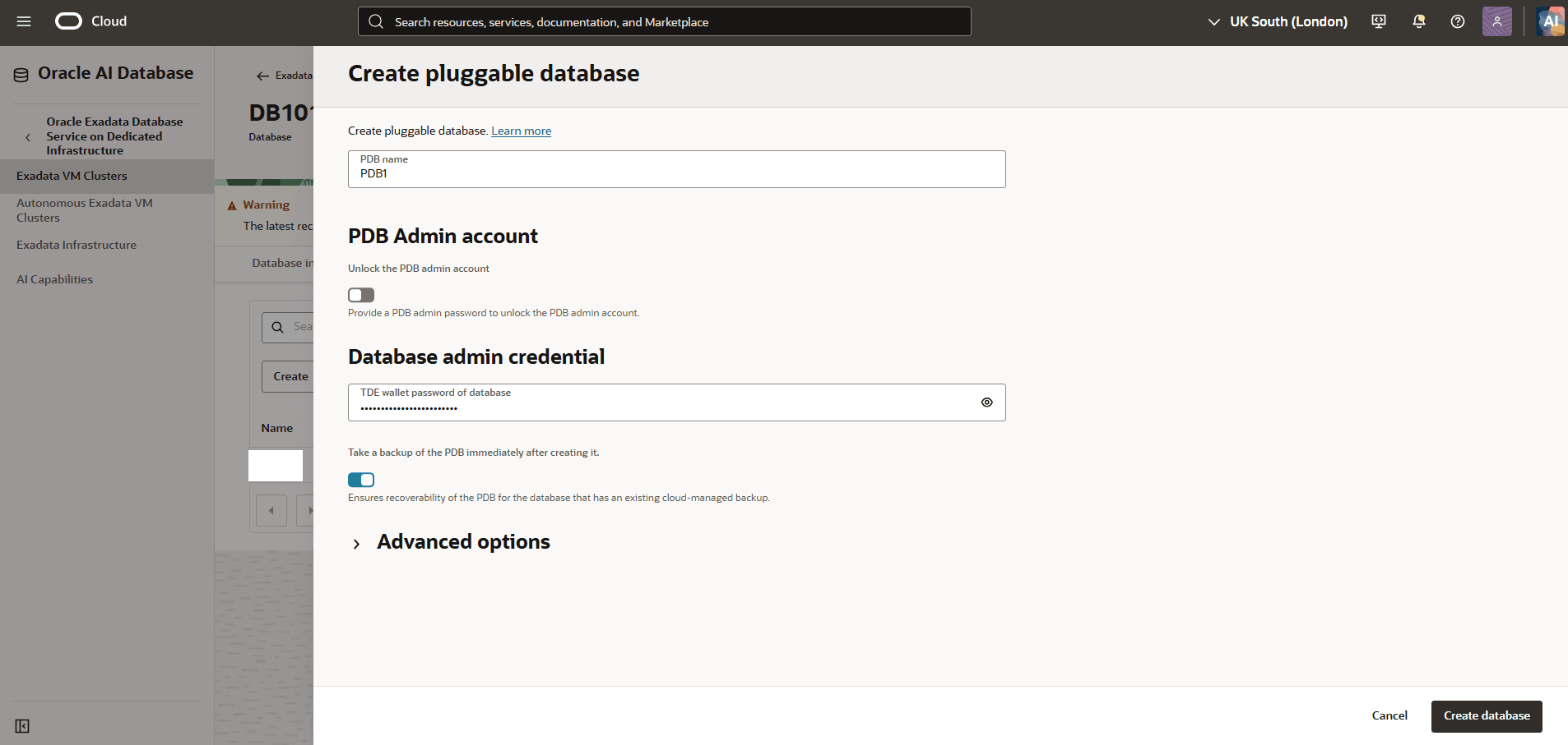 This screenshot shows how to create a PDB.