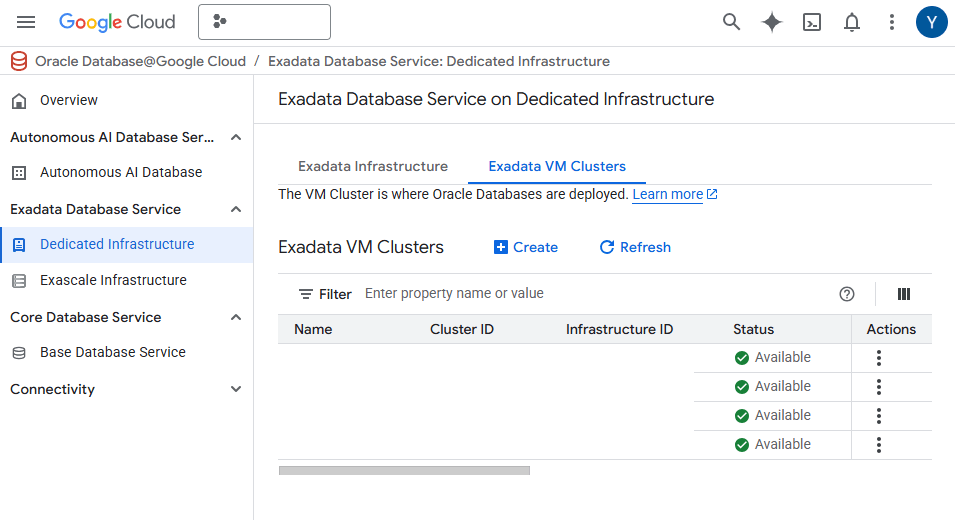 This screenshot shows the Exadata VM Cluster list.
