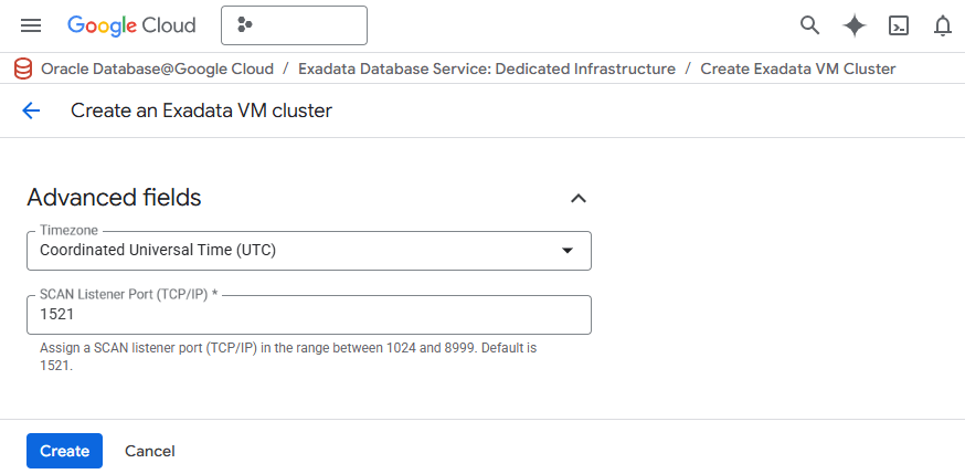 This screenshot shows how to create an Exadata VM Cluster.