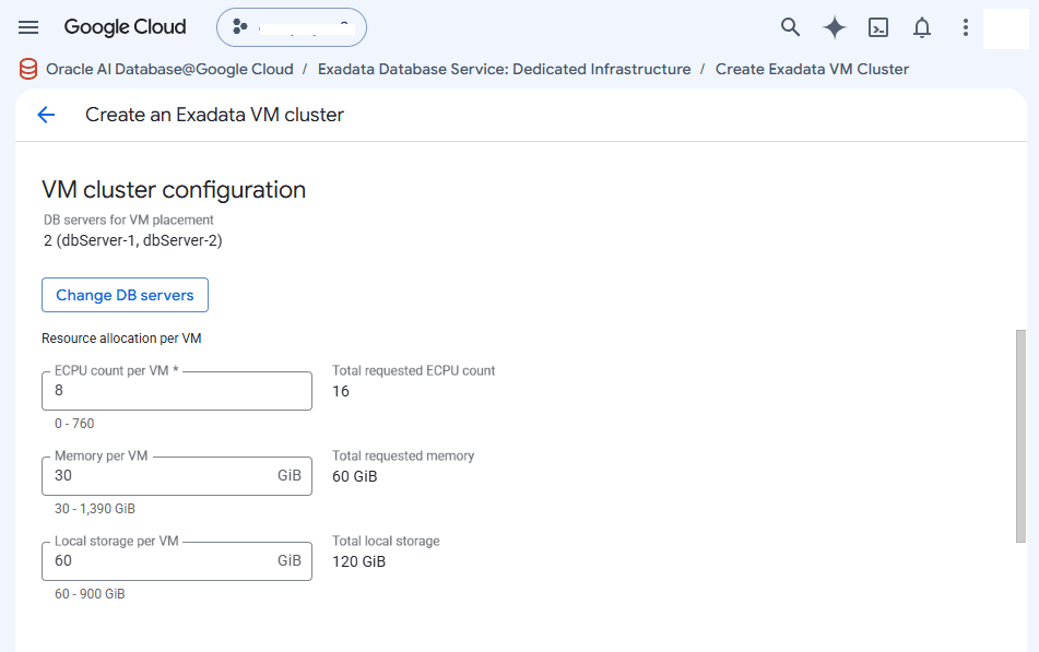 This screenshot shows how to create an Exadata VM Cluster.