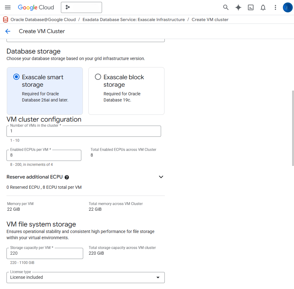 This screenshot shows how to create an Exascale VM Cluster.
