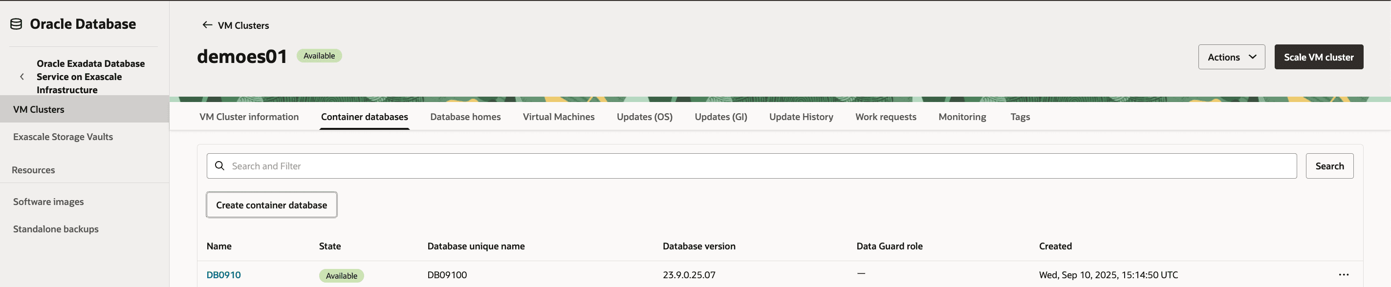 This screenshot shows the selected Exascale VM Cluster and the Exadata Databases created on that cluster.