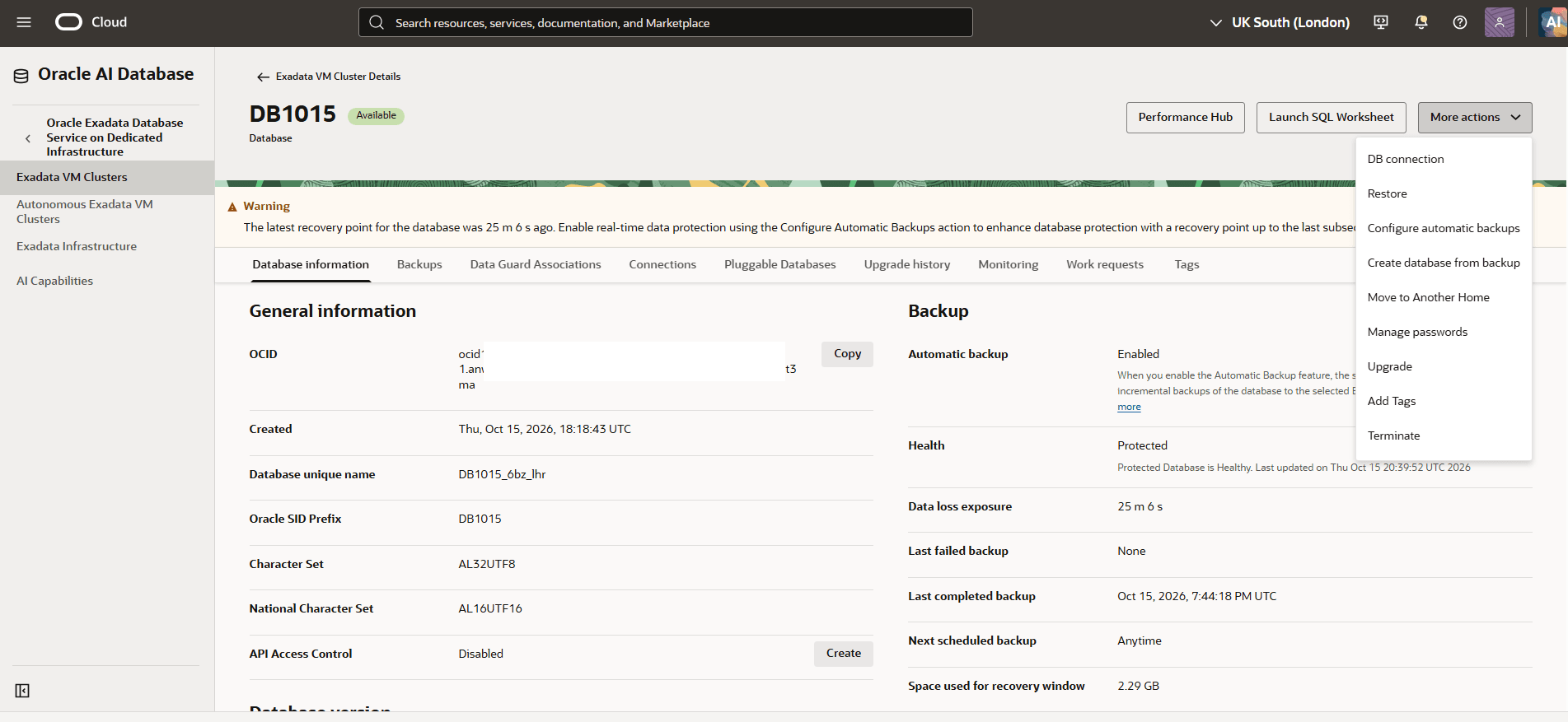 The screenshot show how to modify an Exadata Database