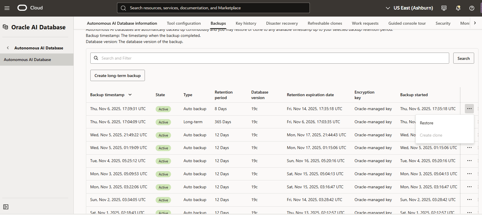 A screenshot of the process for restoring an automatic backup of an Autonomous AI Database A screenshot of the process for restoring an automatic backup of an Autonomous AI Database
