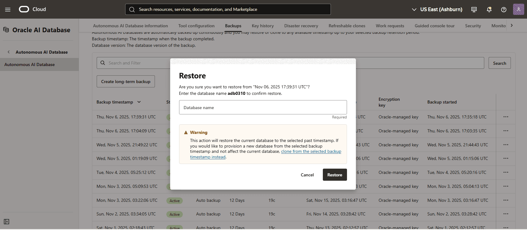 A screenshot of the process for restoring an automatic backup of an Autonomous AI Database A screenshot of the process for restoring an automatic backup of an Autonomous AI Database