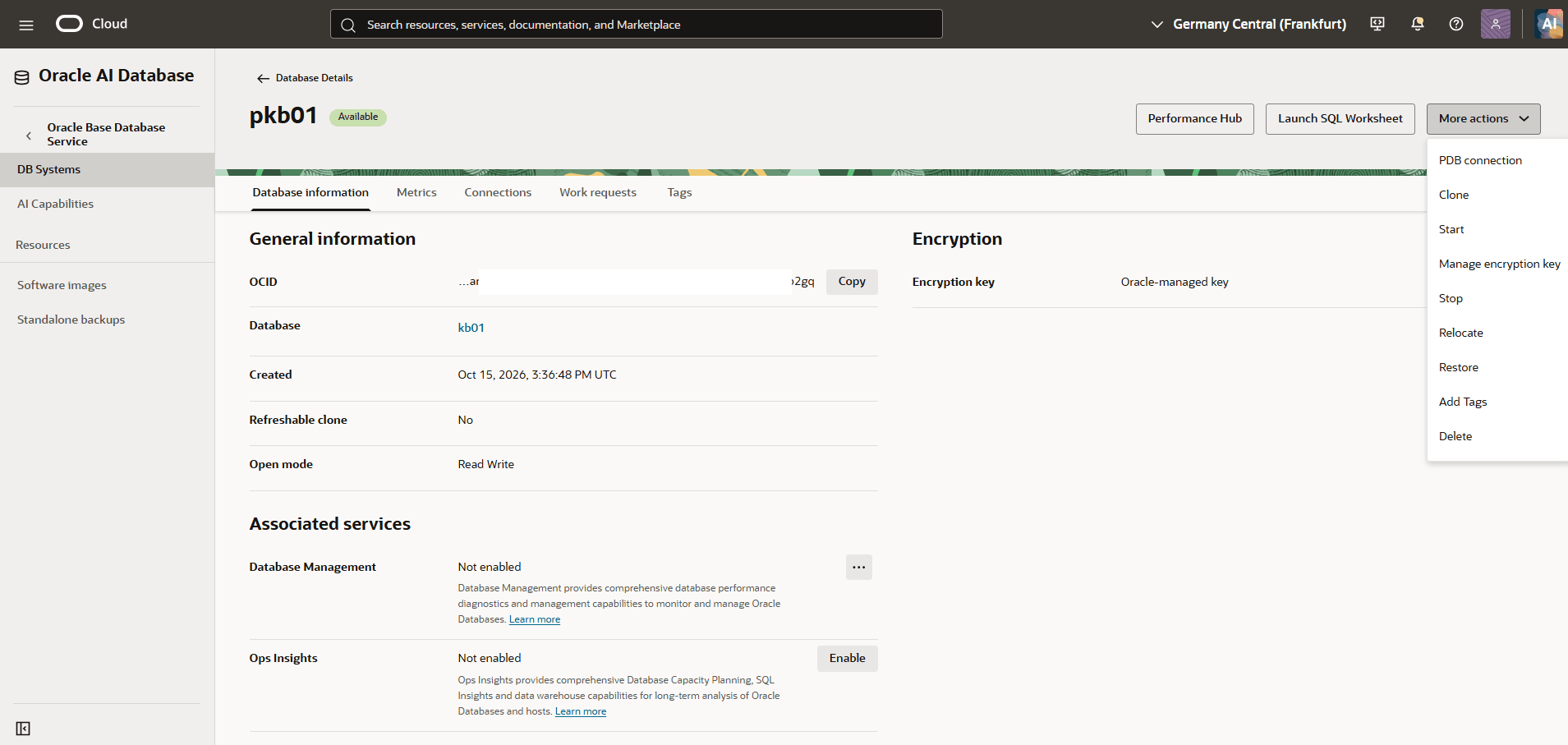 This screenshot shows how to clone a Base Database.