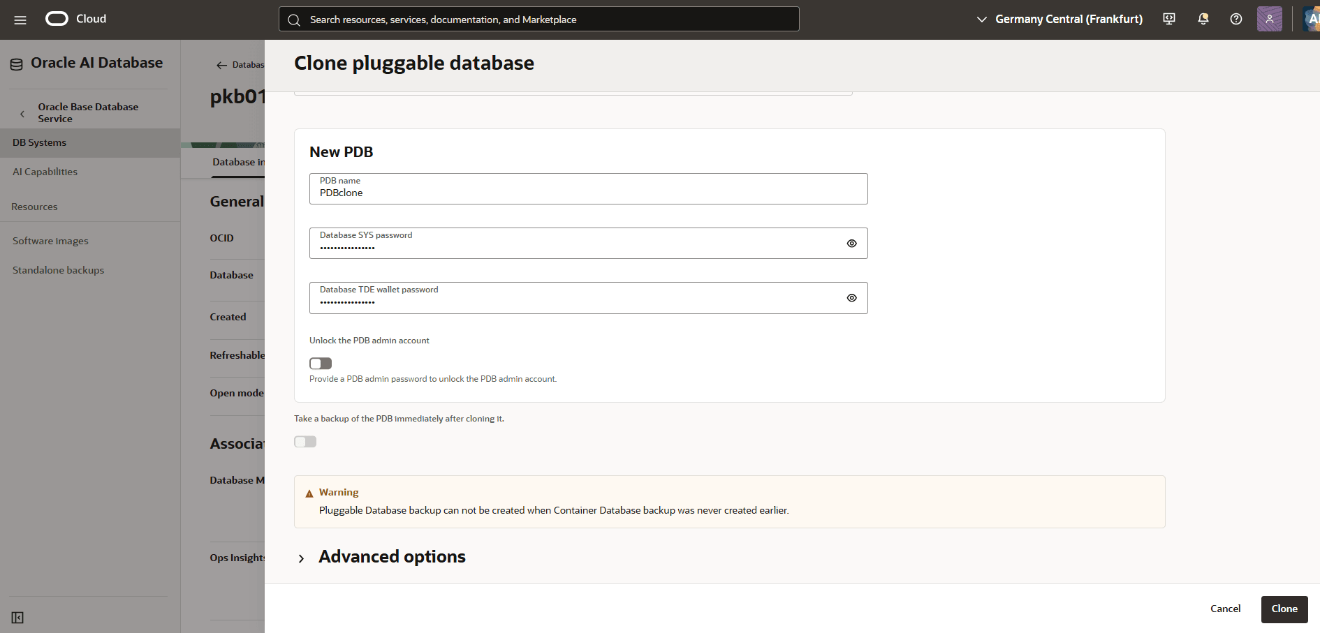 This screenshot shows how to clone a Base Database.