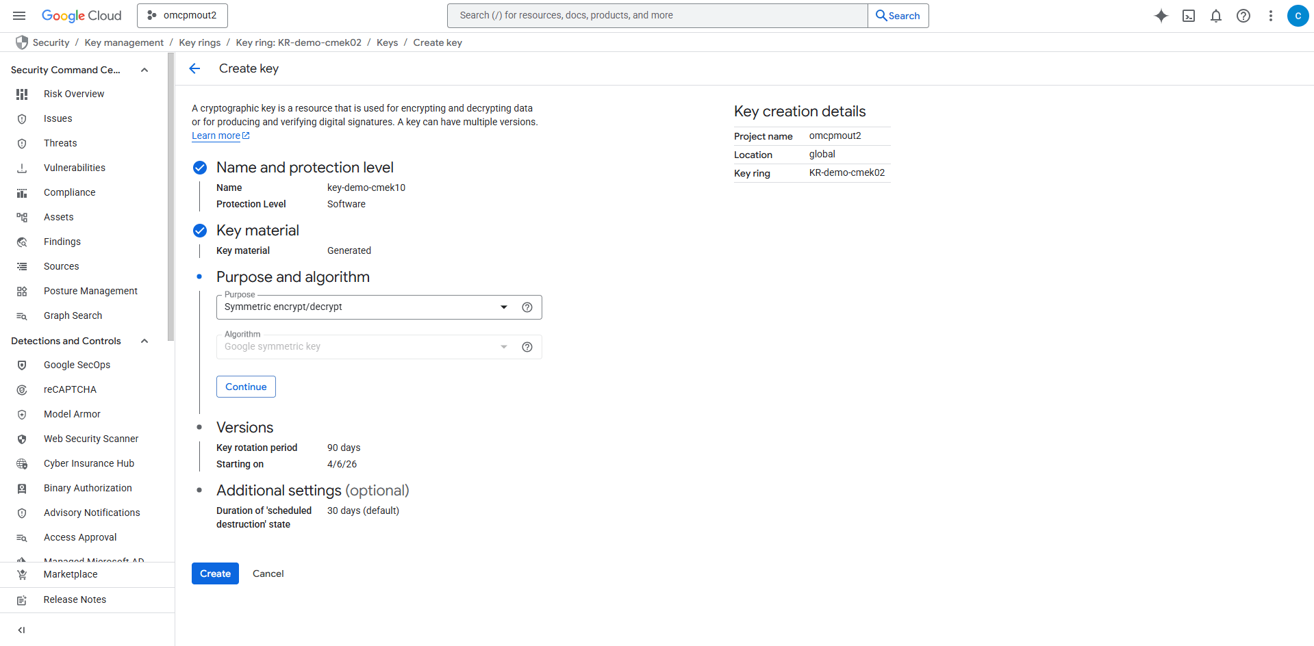 This screenshot shows how to create key.