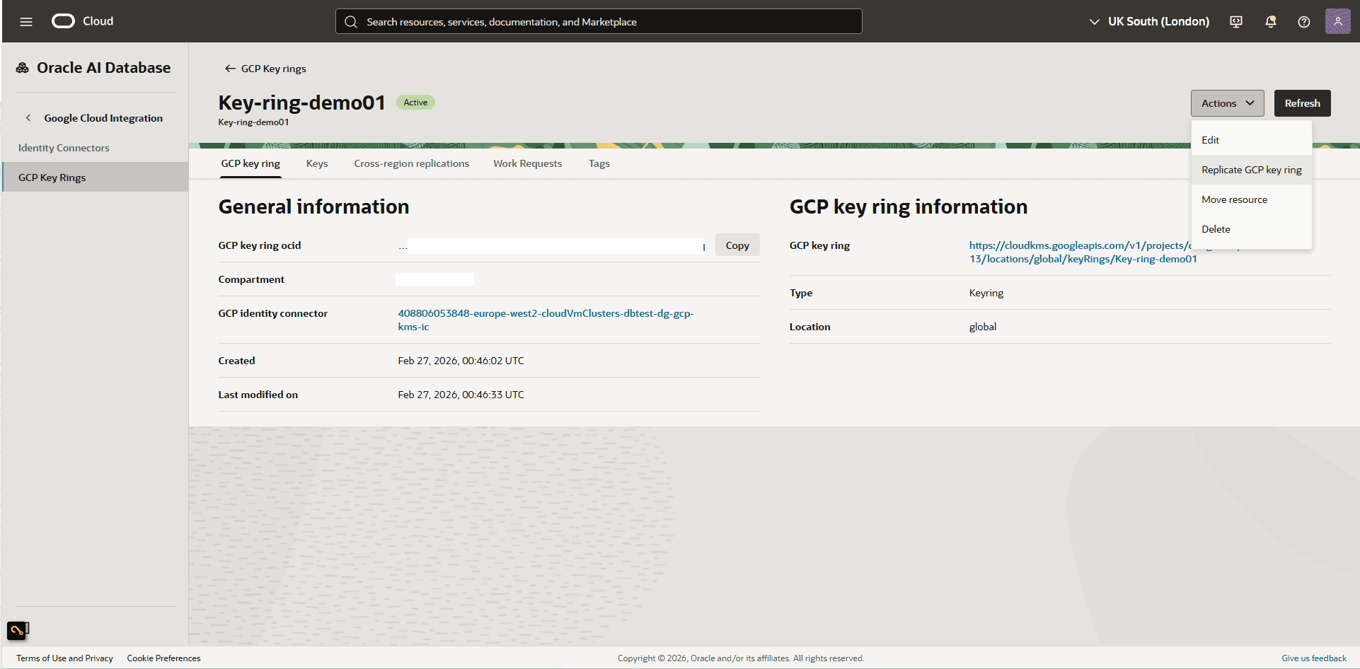 This screenshot shows how to replicate GCP key ring.