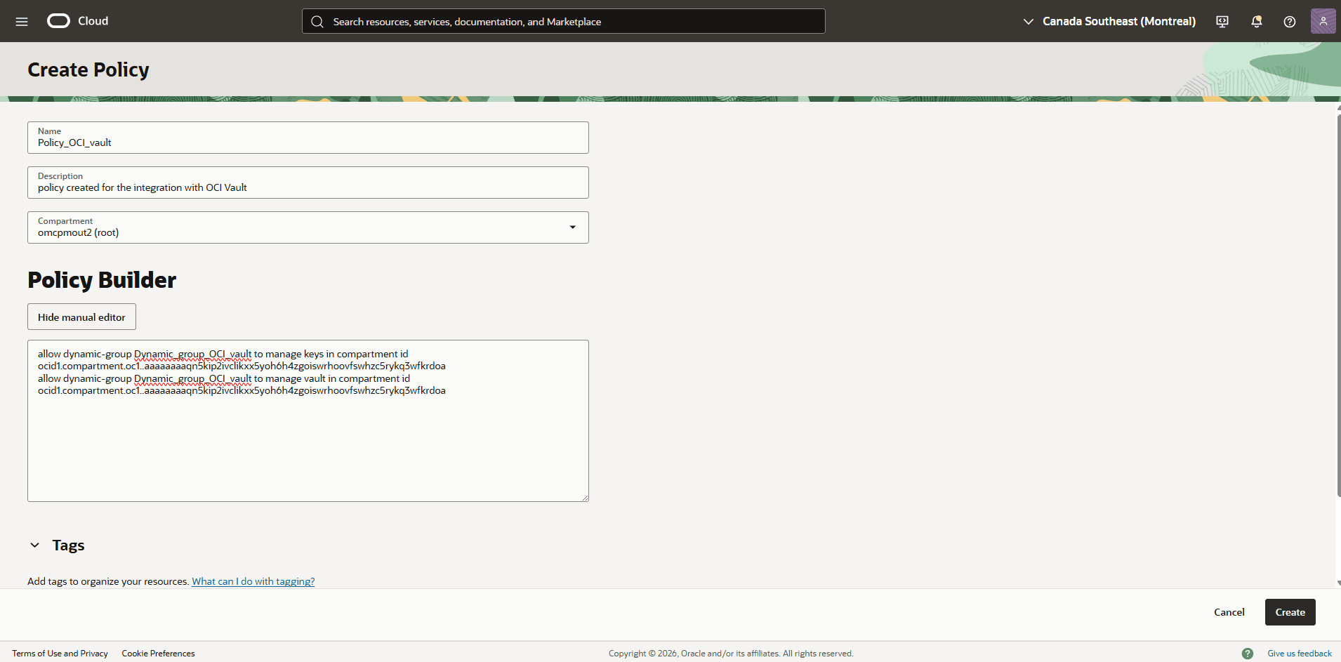 This screenshot shows how to create a policy.
