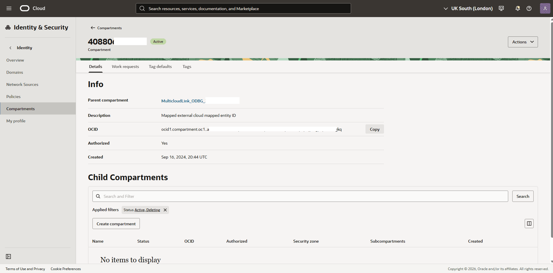 This screenshot shows how to obtain compartment OCID information.