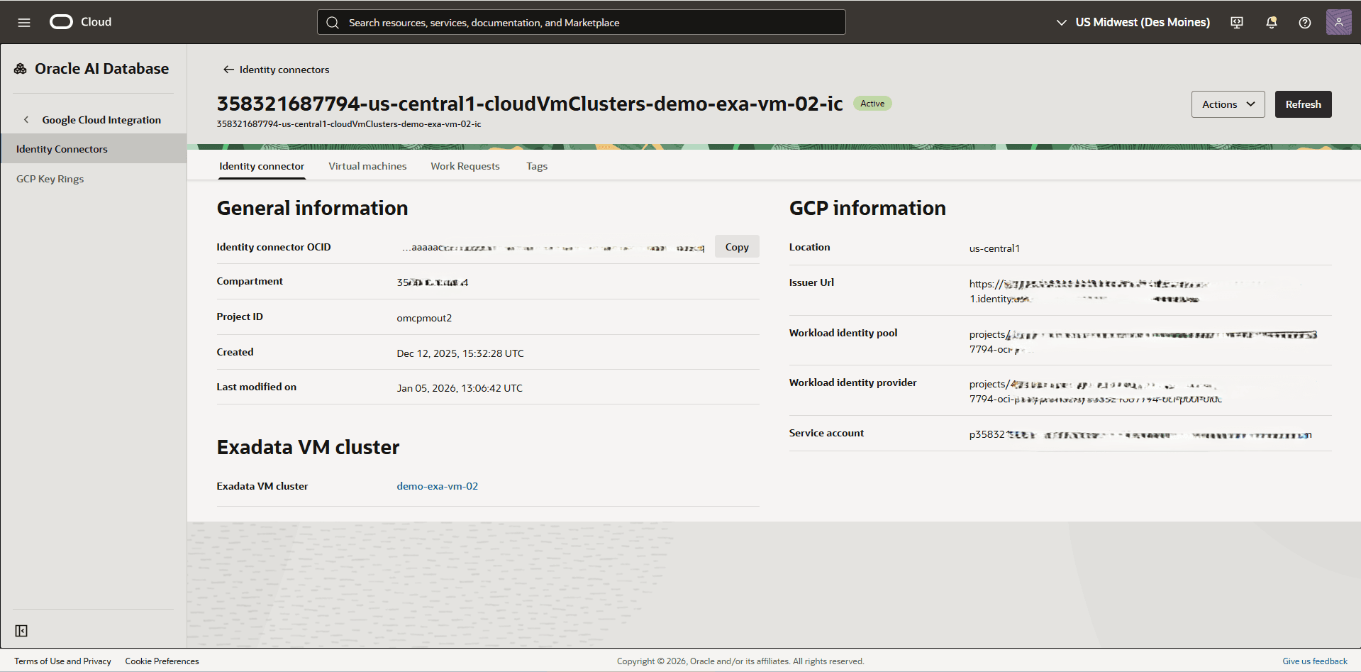 This screenshot shows the identity connector information.