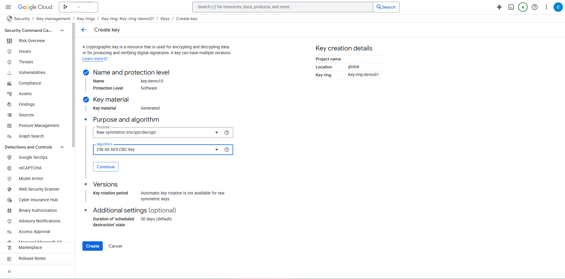 This screenshot shows how to create a key.