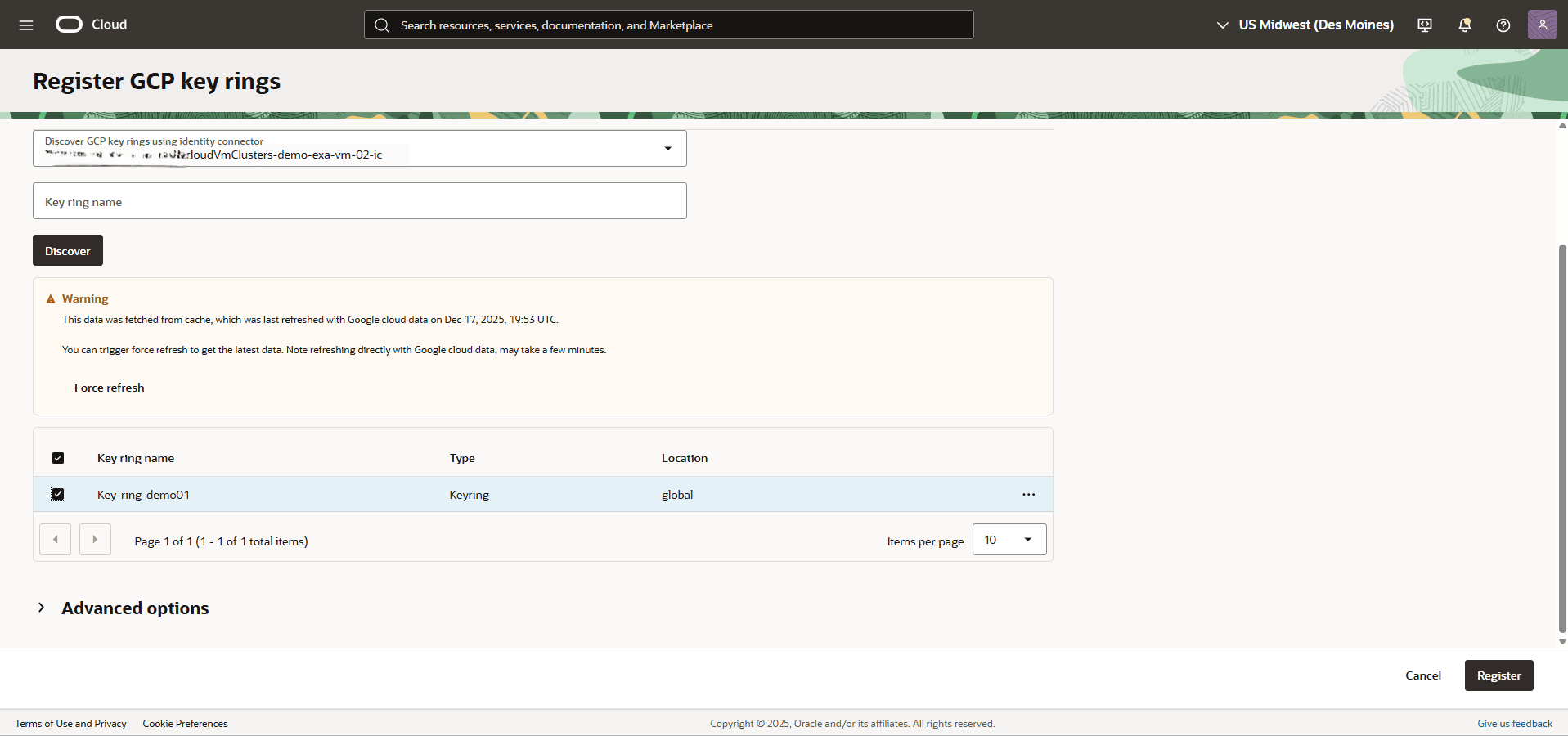This screenshot shows how to register key in OCI.