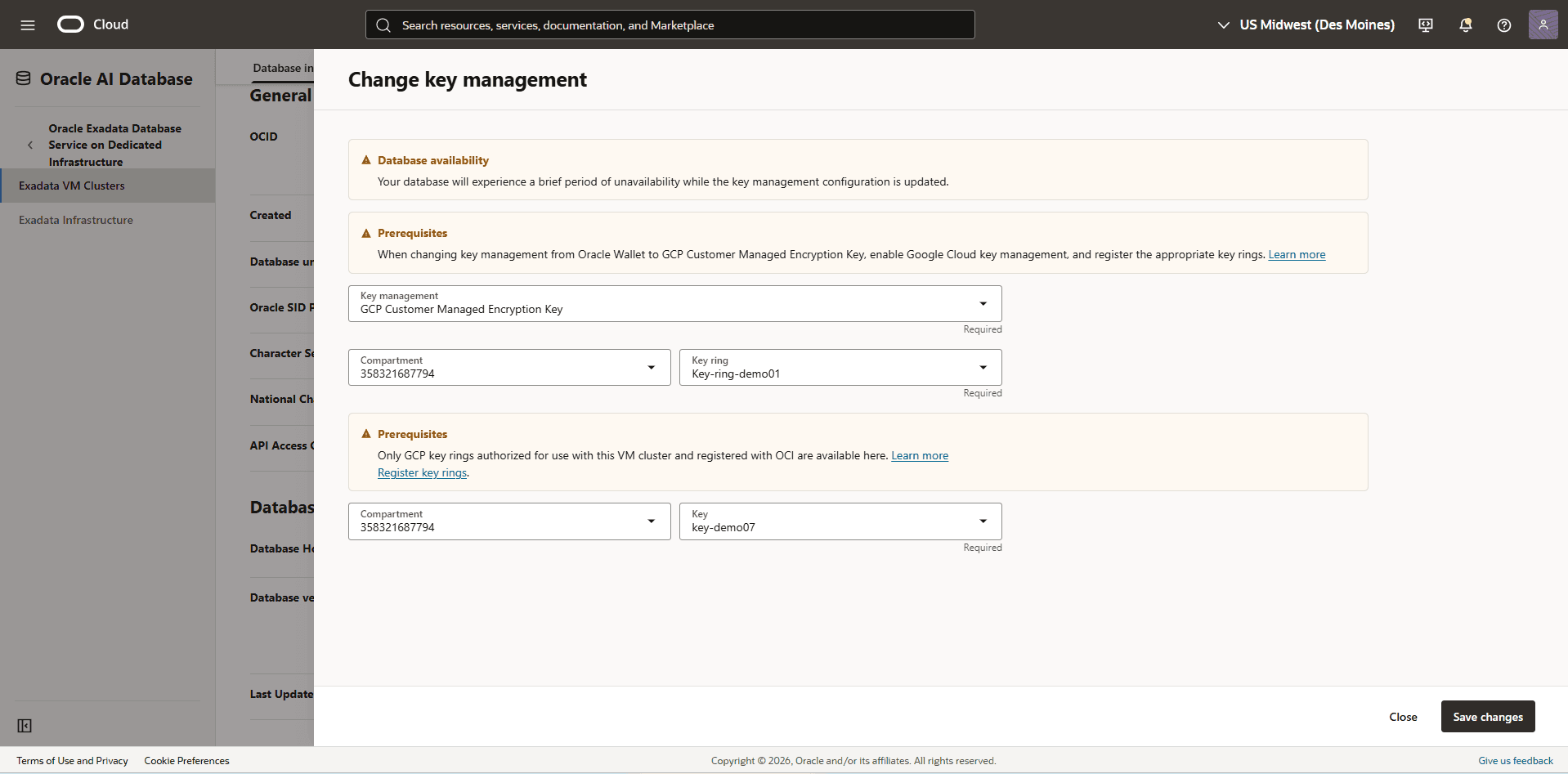 This screenshot shows how to change the key management.
