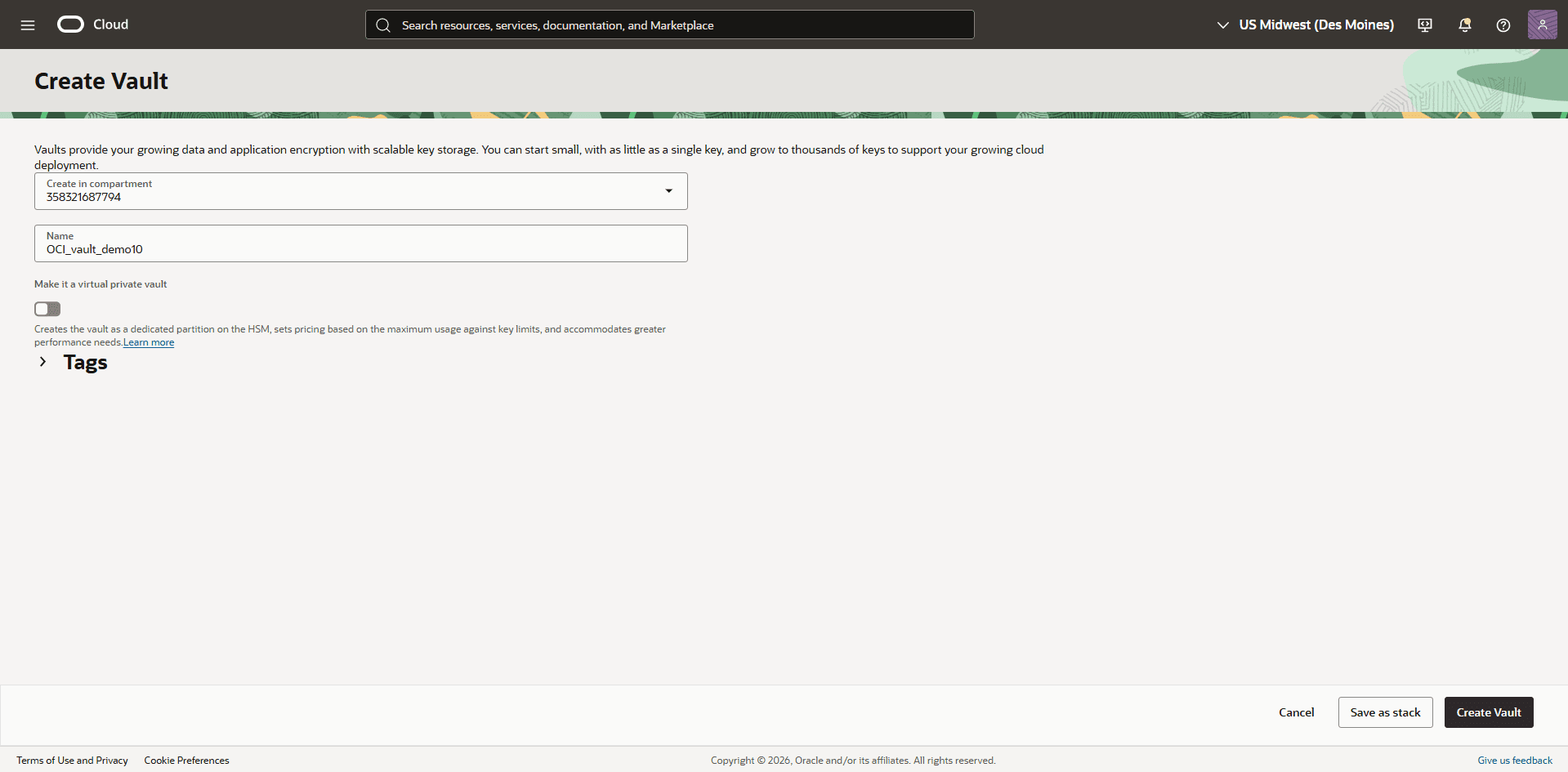 This screenshot shows how to create a vault.