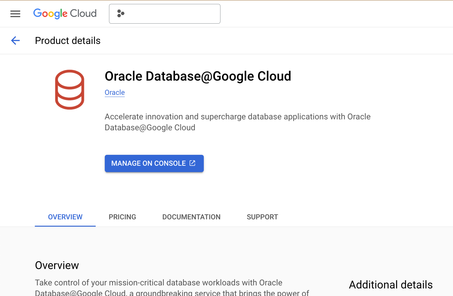 Click to expand An image of the Oracle AI Database@Google Cloud product details page in the Google Cloud Marketplace.