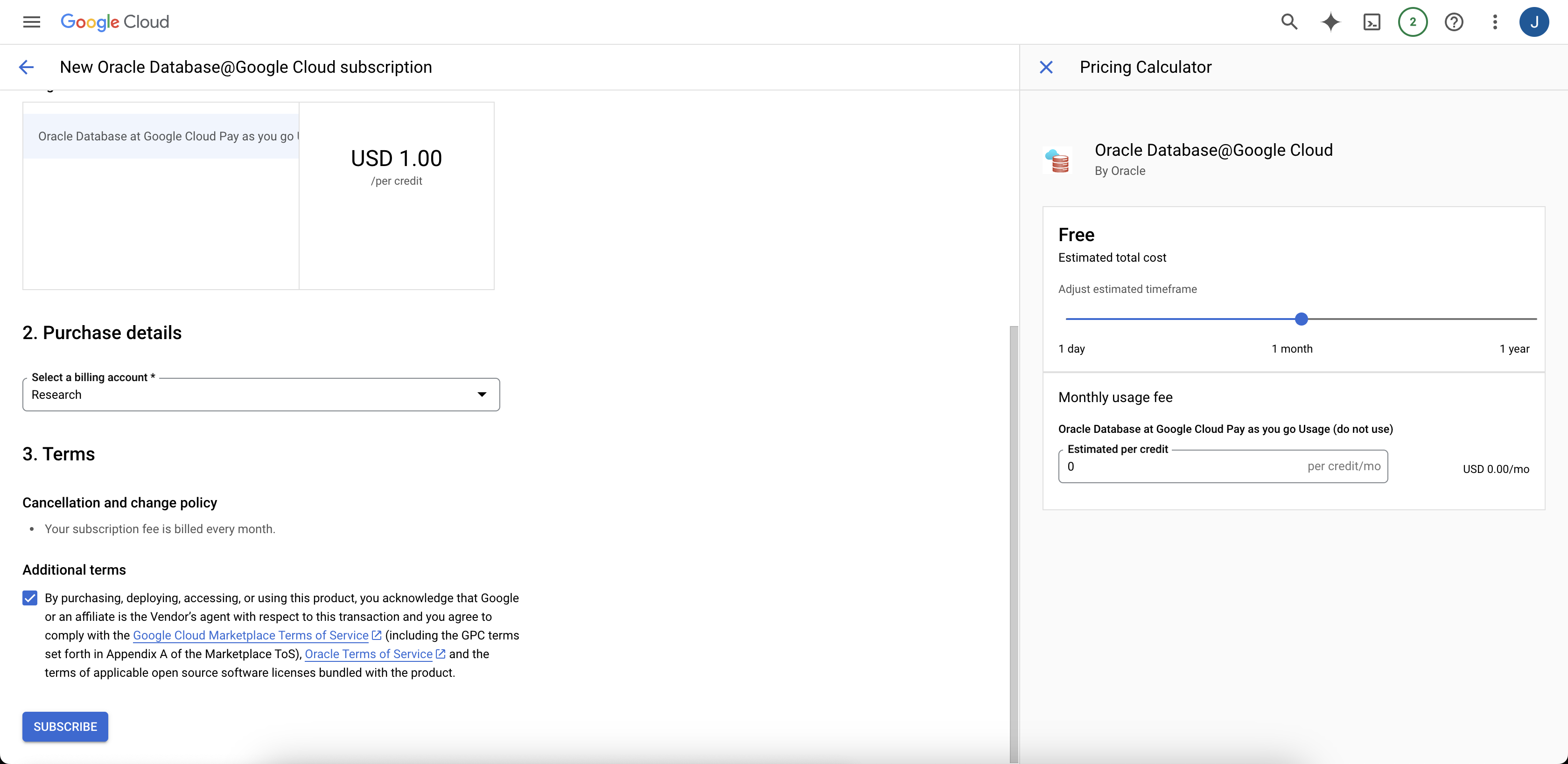 Click to expand An image of the purchase details section of the Oracle AI Database@Google Cloud offer in the Google Cloud Marketplace.
