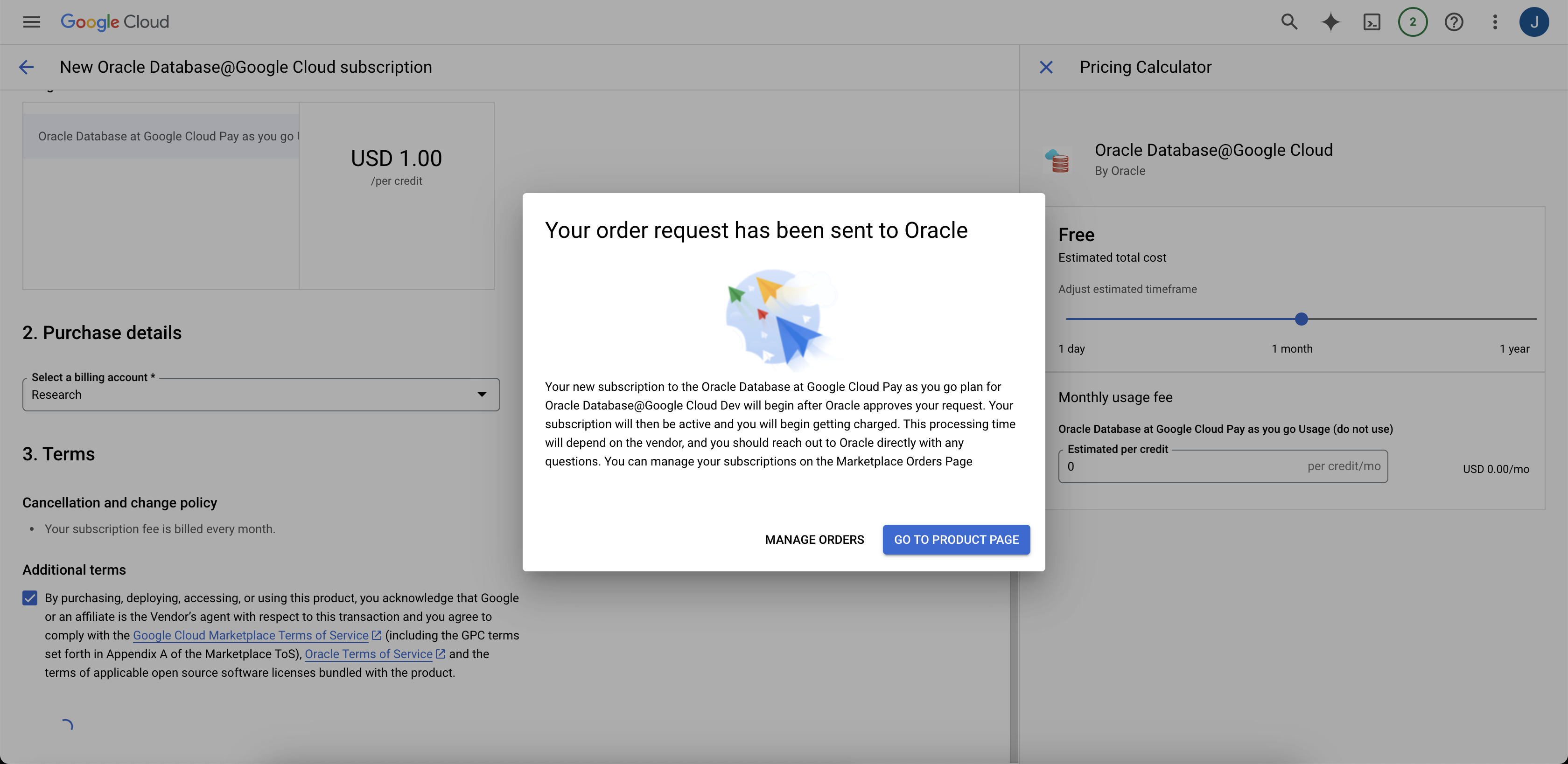Click to expand An image of the dialog confirming that the order request for Oracle AI Database@Google Cloud has been sent to Oracle.