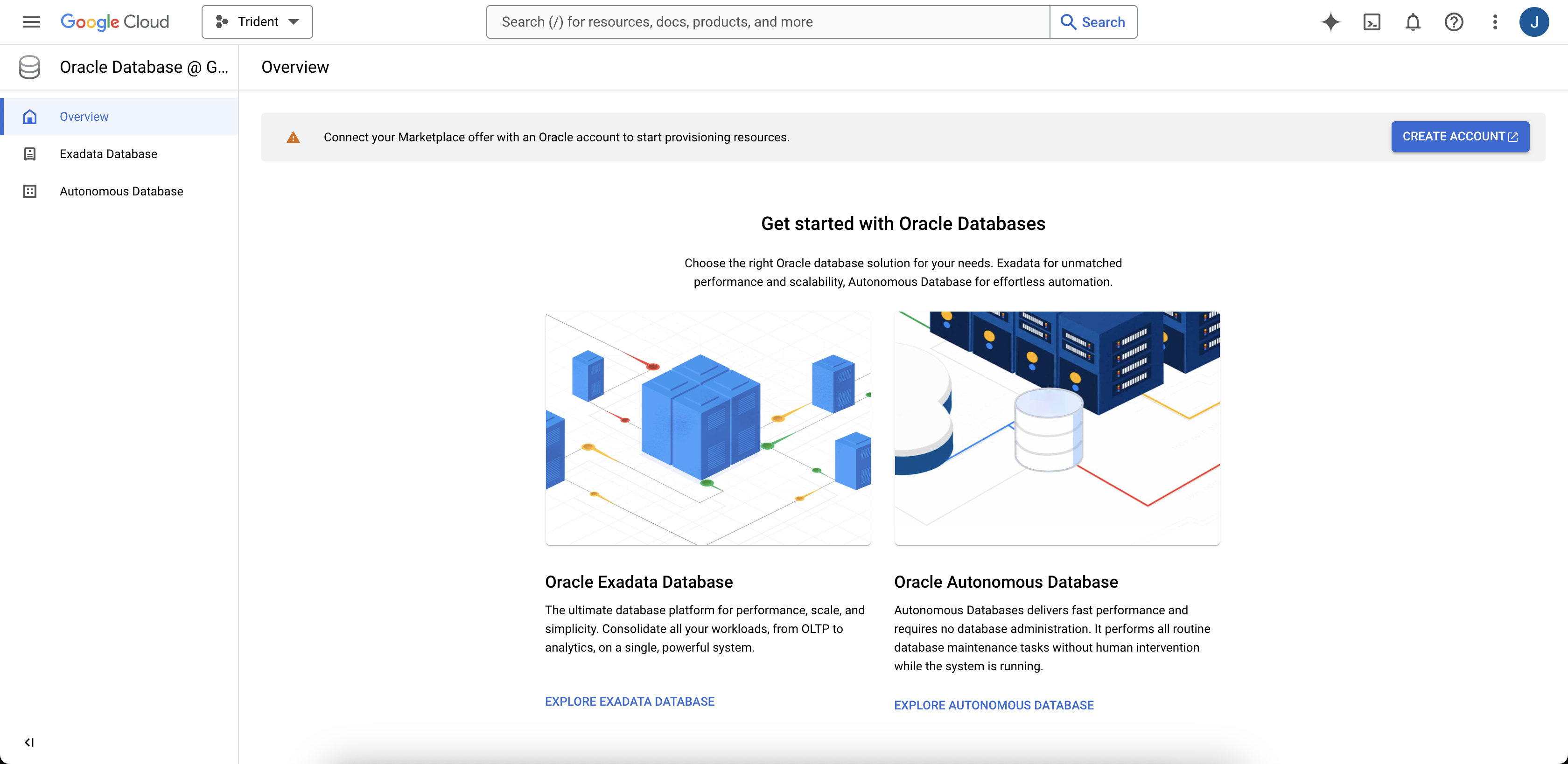 Click to expand An image of the Oracle Database@Google Cloud Overview page.
