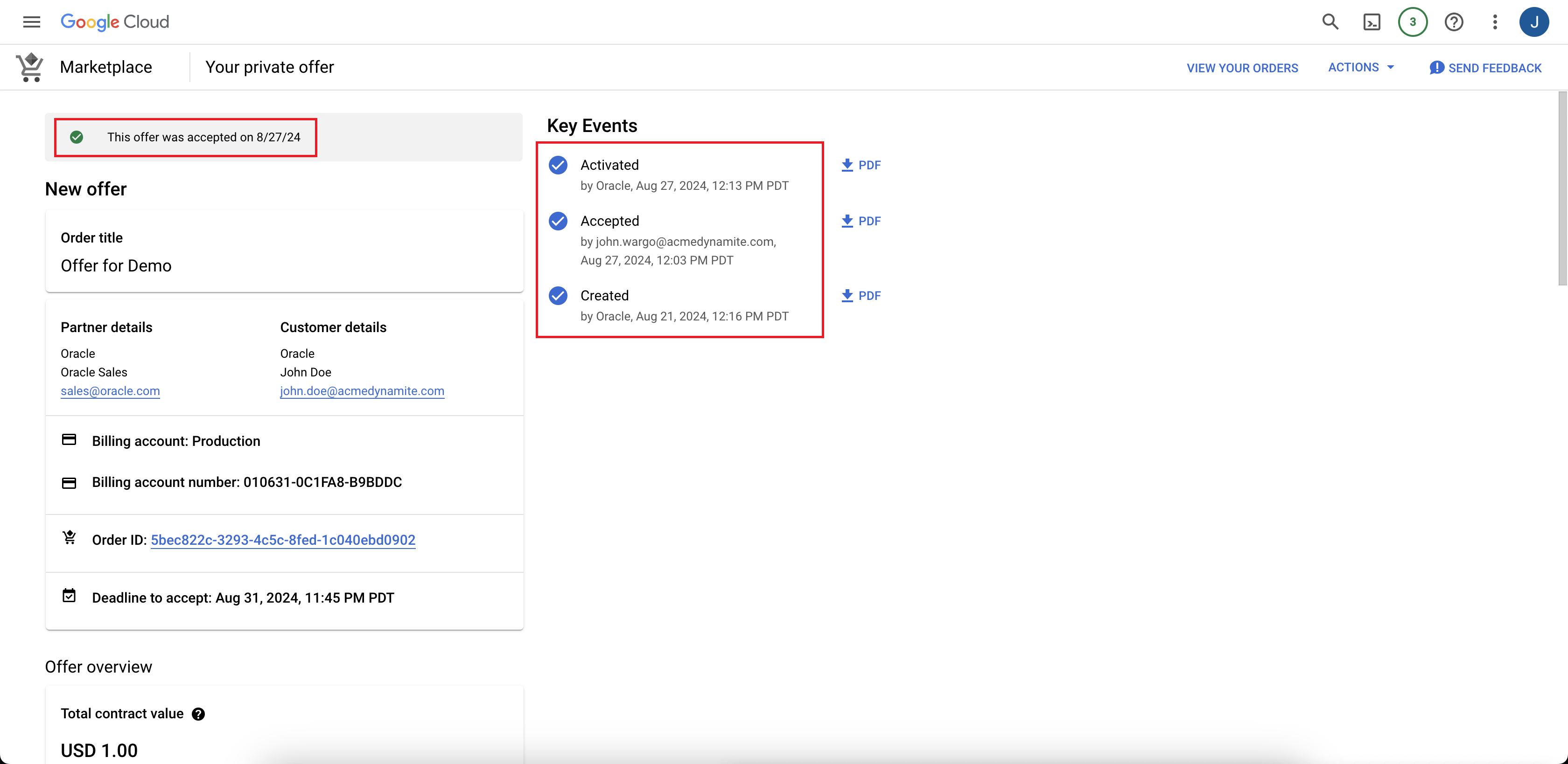 Click to expand An image of the Oracle AI Database@Google Cloud order details