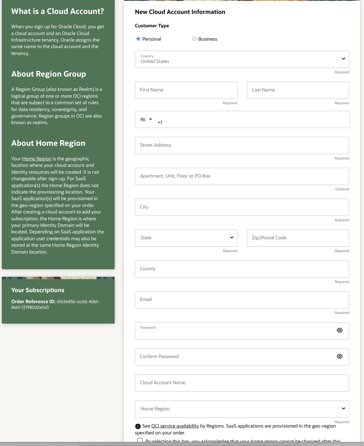 Click to expand An image of the OCI New Cloud Account sign up form.