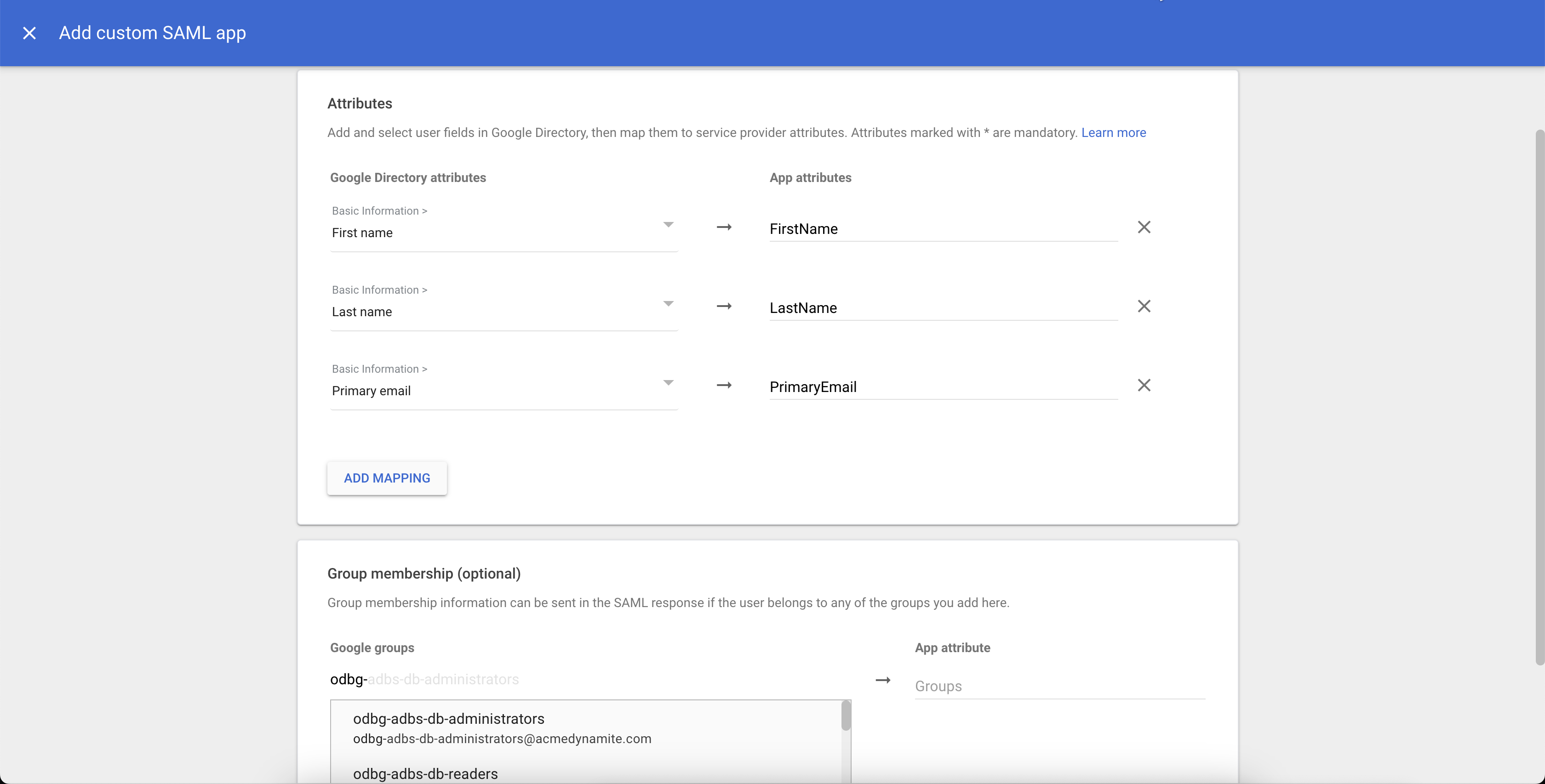 Click to expand An image of the Google Cloud admin Console Attributes mapping.