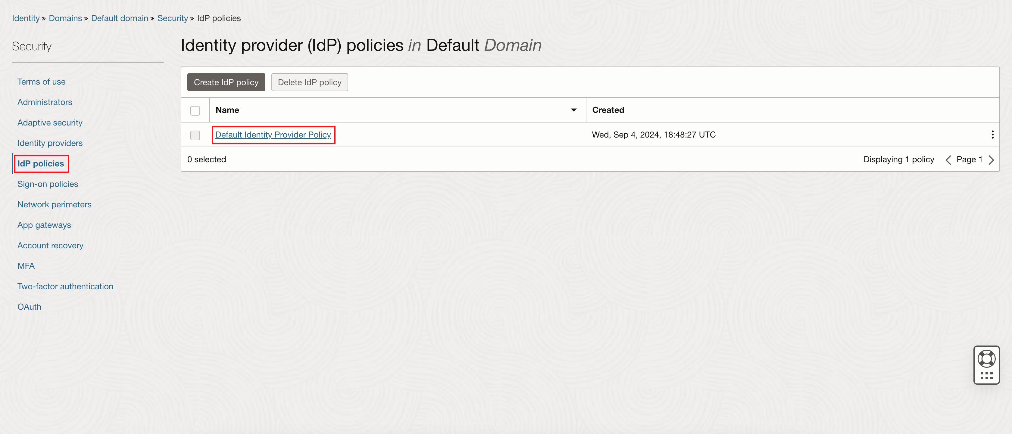 Click to expand An image of the Oracle Cloud Console showing the IdP policy details page.