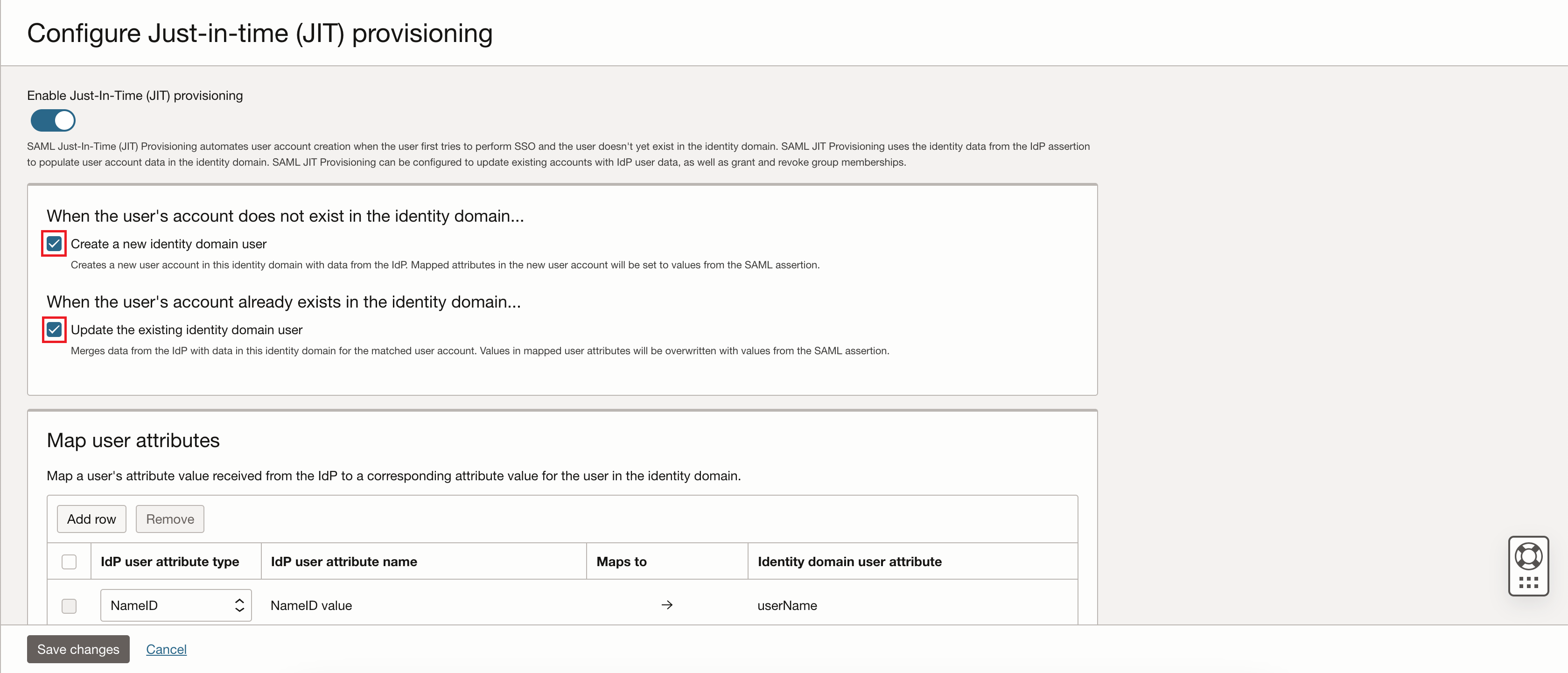 Click to expand The Configure Just-in-time (JIT) provisioning page in the Oracle Cloud Console.