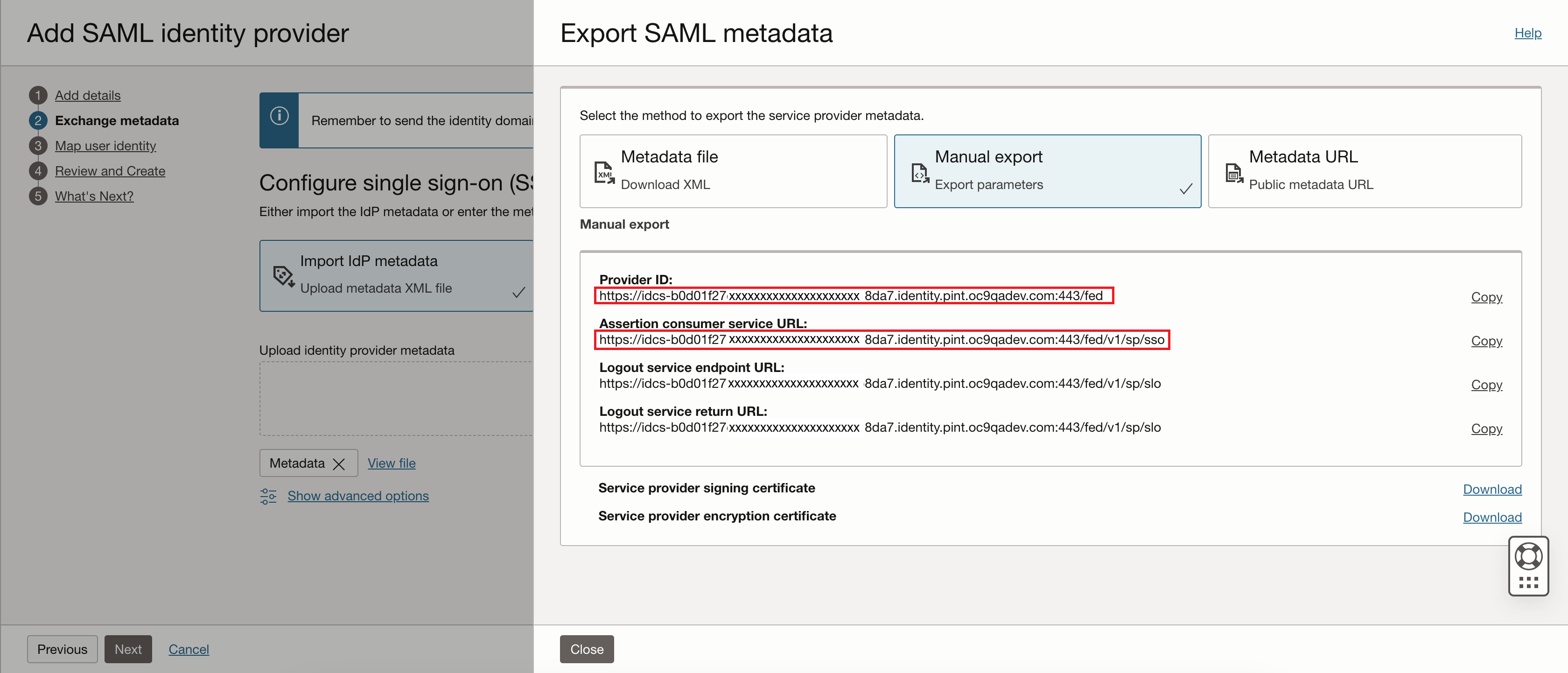 Click to expand An image of the Export SAML metadata dialog in the Oracle Cloud Console.