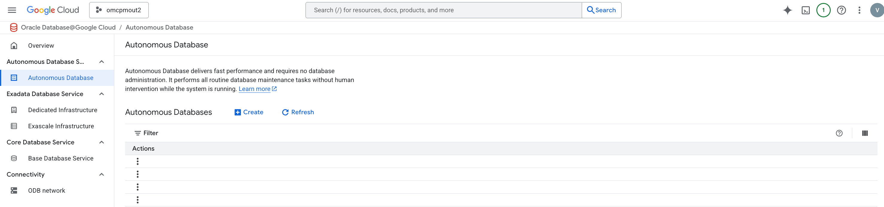 A screenshot of the Autonomous Database list. A screenshot of the Autonomous Database list.