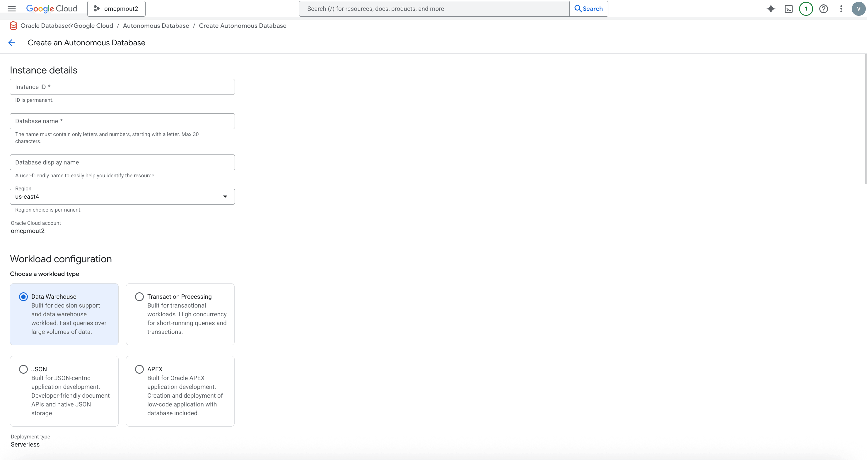 A screenshot of the Autonomous Database creation details. A screenshot of the Autonomous Database creation details.